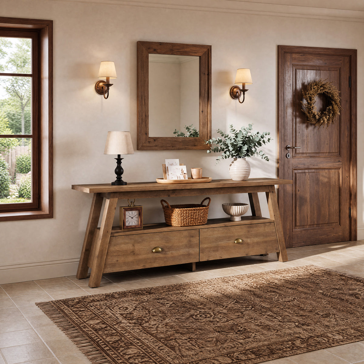 63" Console Table with Drawers, Farmhouse Solid Wood, 2-Tier A-Frame Entryway Table