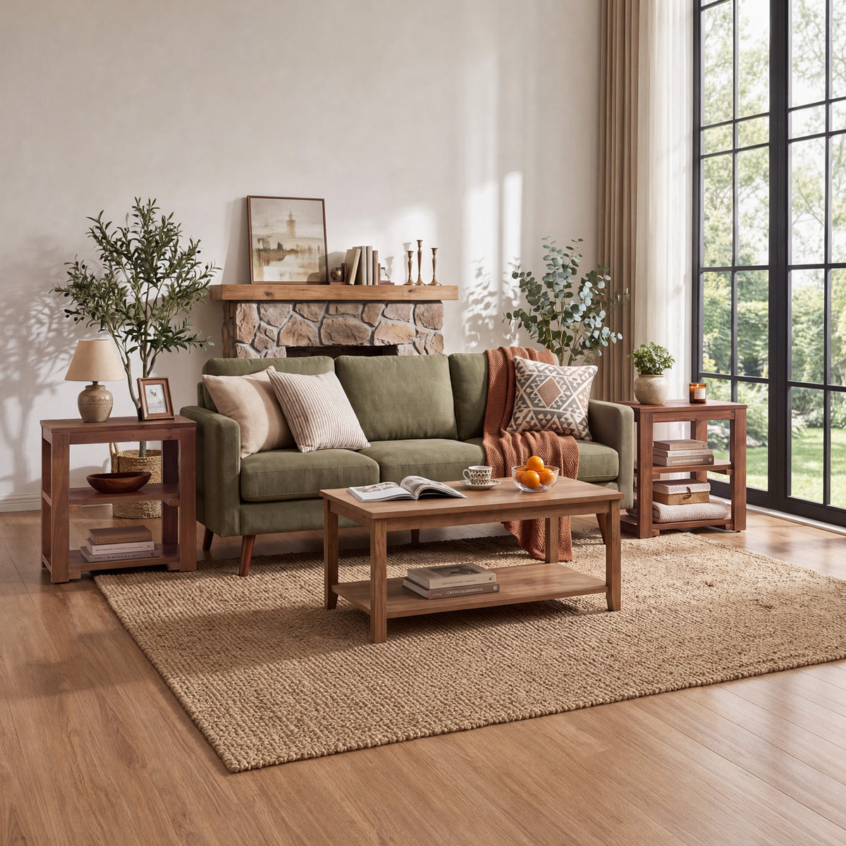 Farmhouse Solid Wood Side Table, 3-Tier Rectangular End Table with Storage