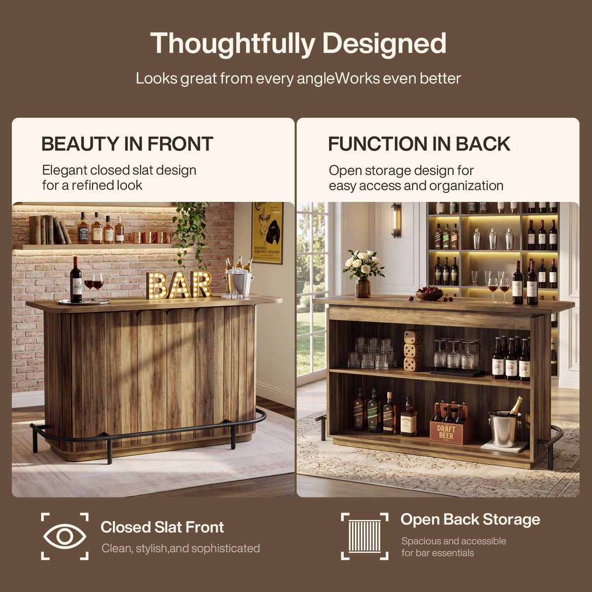 55" Industrial Home Bar Unit, Counter Height 2-Tier Bar Table, Wine Liquor Cabinet