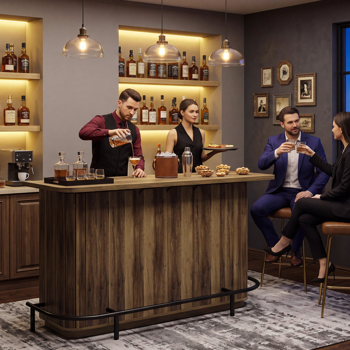 55" Industrial Home Bar Unit, Counter Height 2-Tier Bar Table, Wine Liquor Cabinet