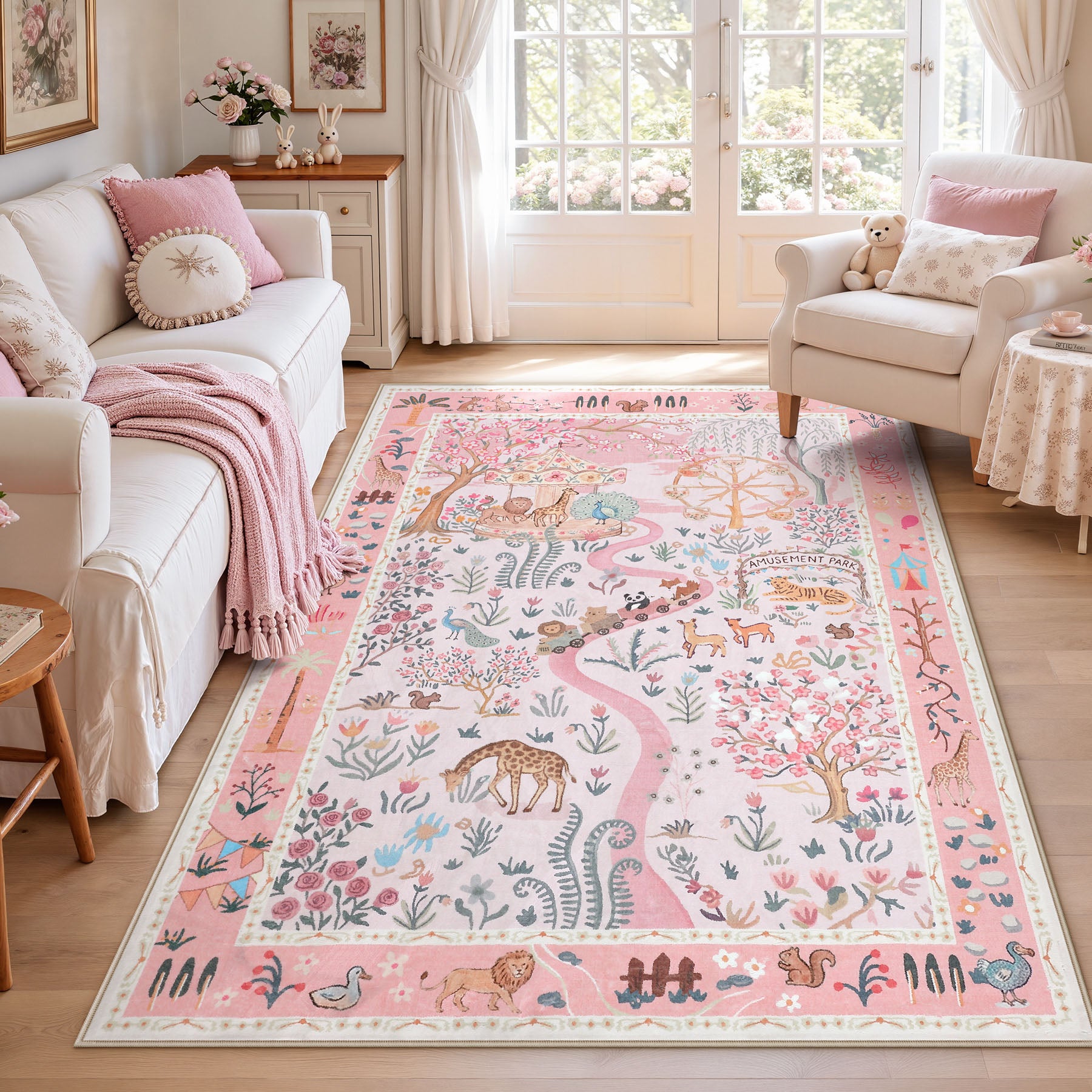 Animal Floral Rug, Soft Washable Area Rug with Non-Slip Backing for Living Room, Bedroom