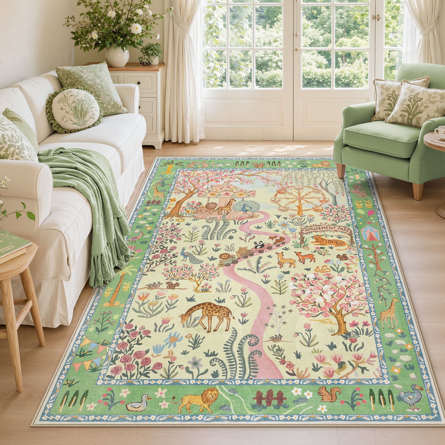 Animal Floral Rug, Soft Washable Area Rug with Non-Slip Backing for Living Room, Bedroom