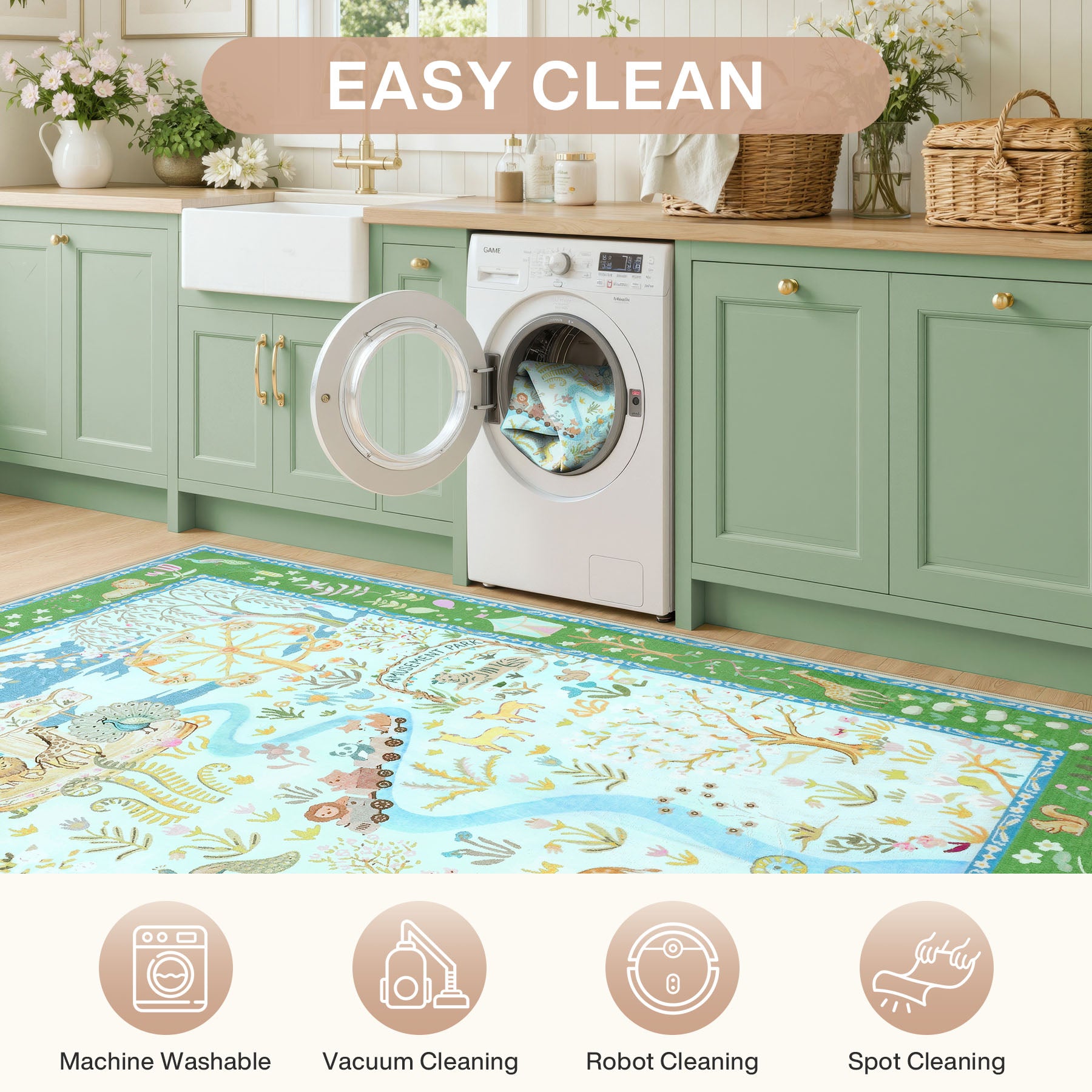 Animal Floral Rug, Soft Washable Area Rug with Non-Slip Backing for Living Room, Bedroom
