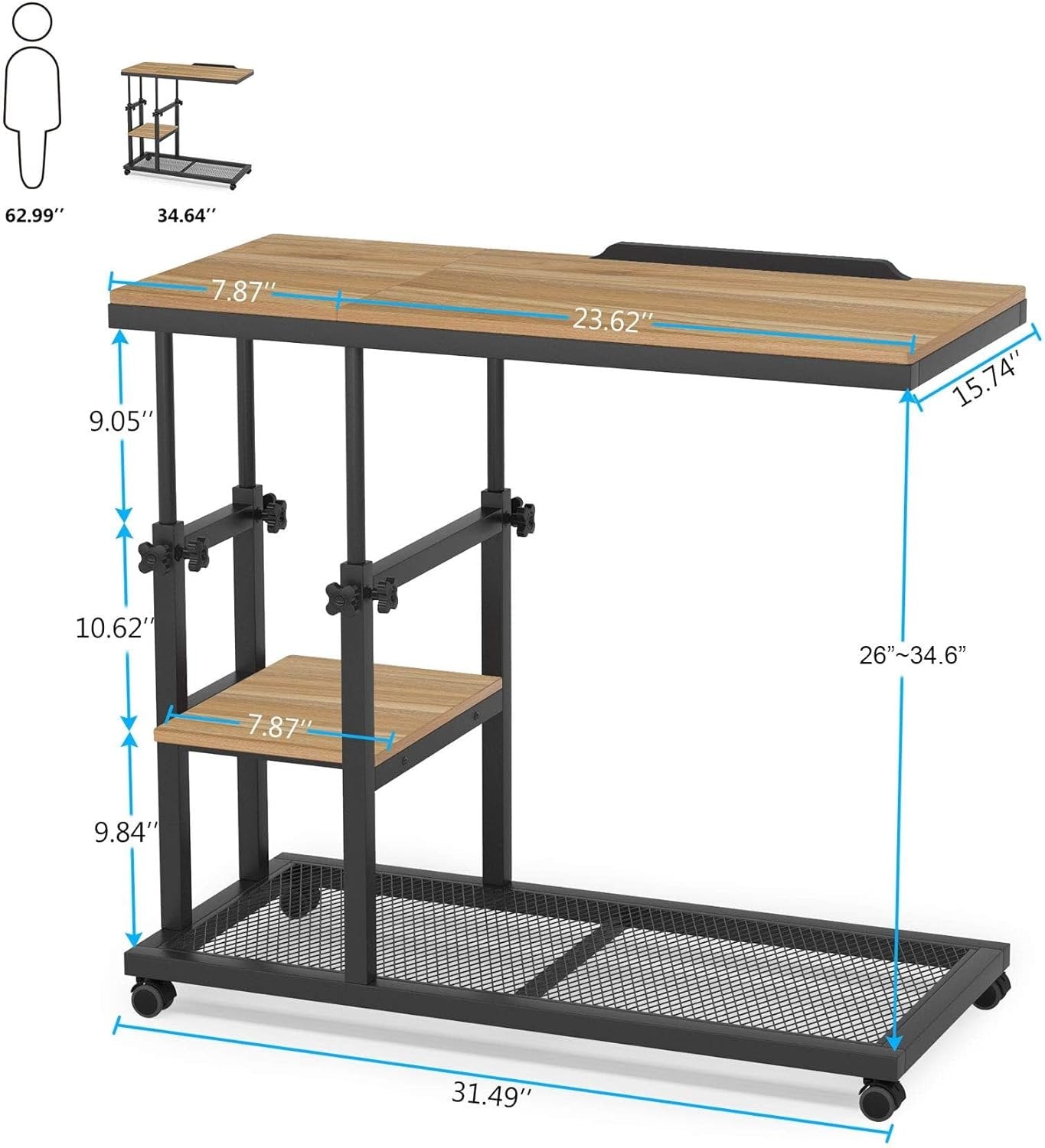 Mobile C Table, Height Adjustable Snack Tray Table with Wheels