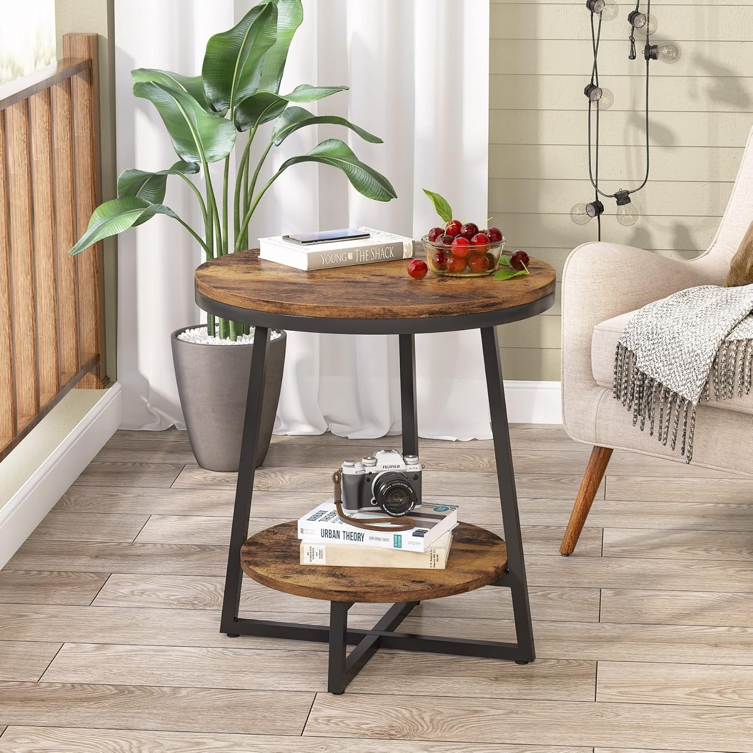 2-Tier End Table, Round Accent Bedside Table with Storage Shelf