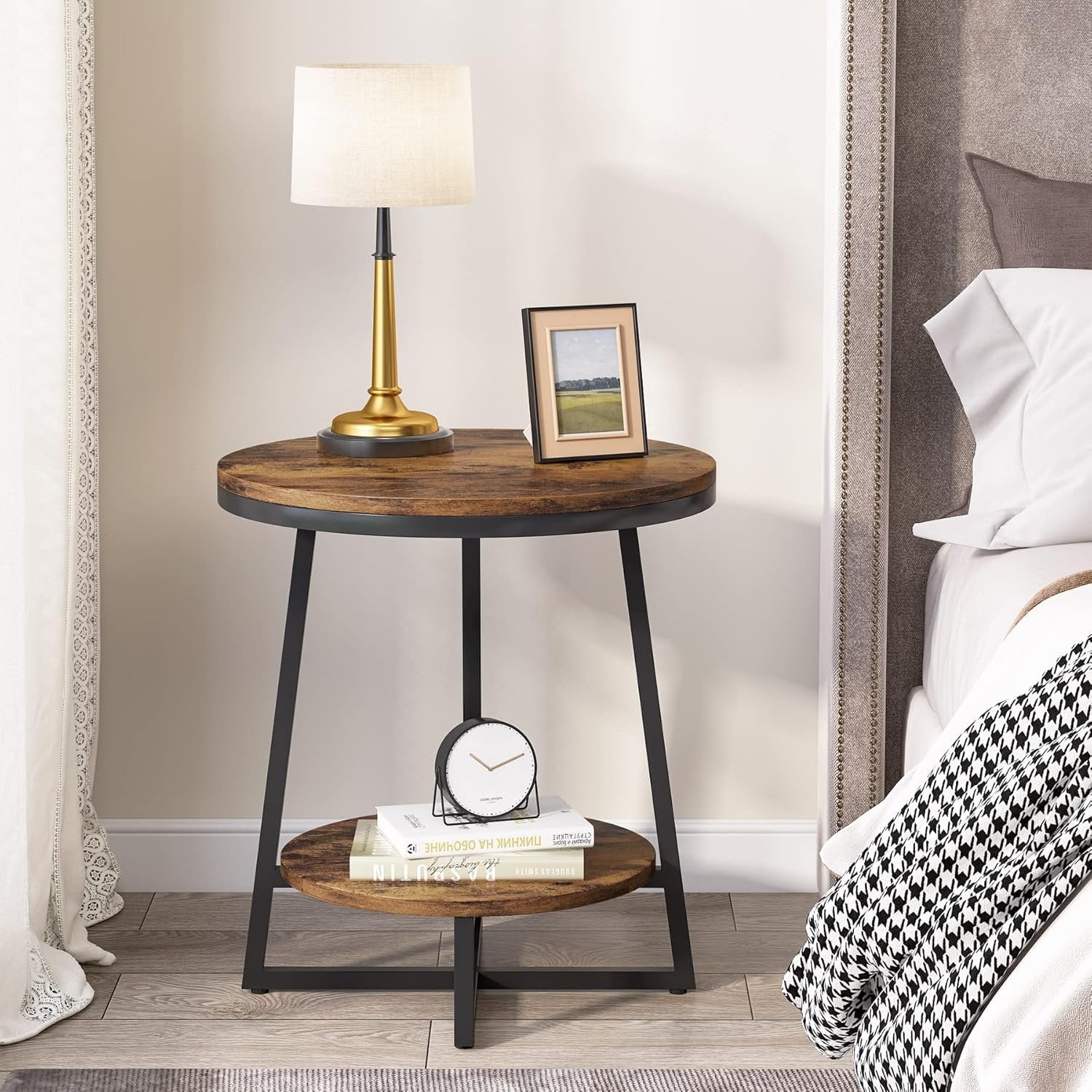 2-Tier End Table, Round Accent Bedside Table with Storage Shelf