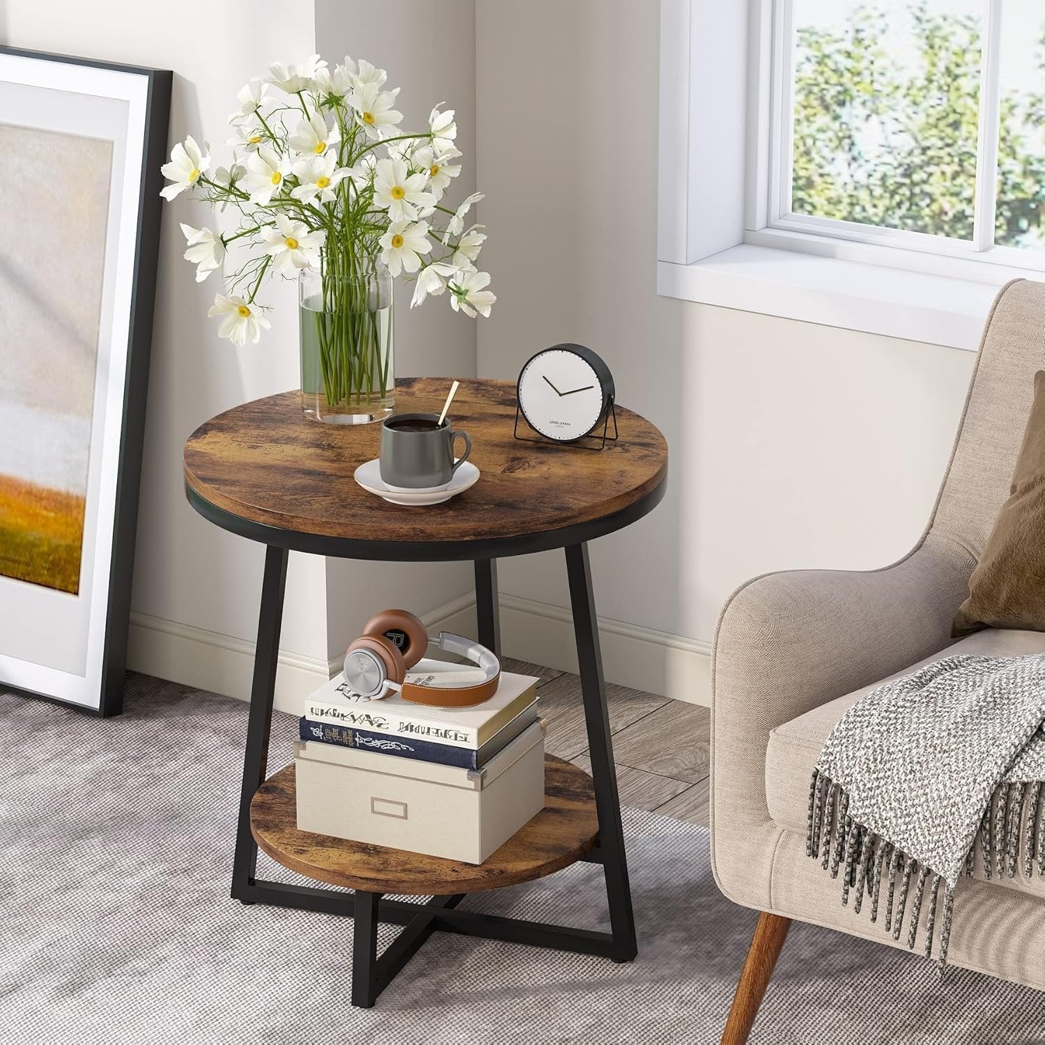 2-Tier End Table, Round Accent Bedside Table with Storage Shelf