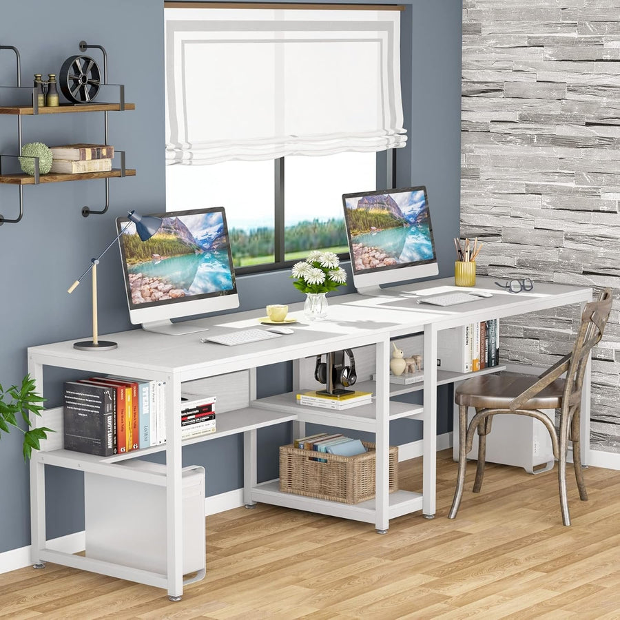 Double Desk Home Office, 2 Person Computer Desk with Bookshelf-Tribesigns