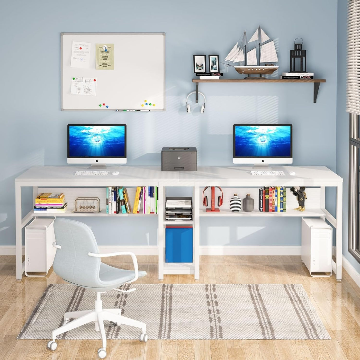 Double Desk Home Office, 2 Person Computer Desk with Bookshelf-Tribesigns
