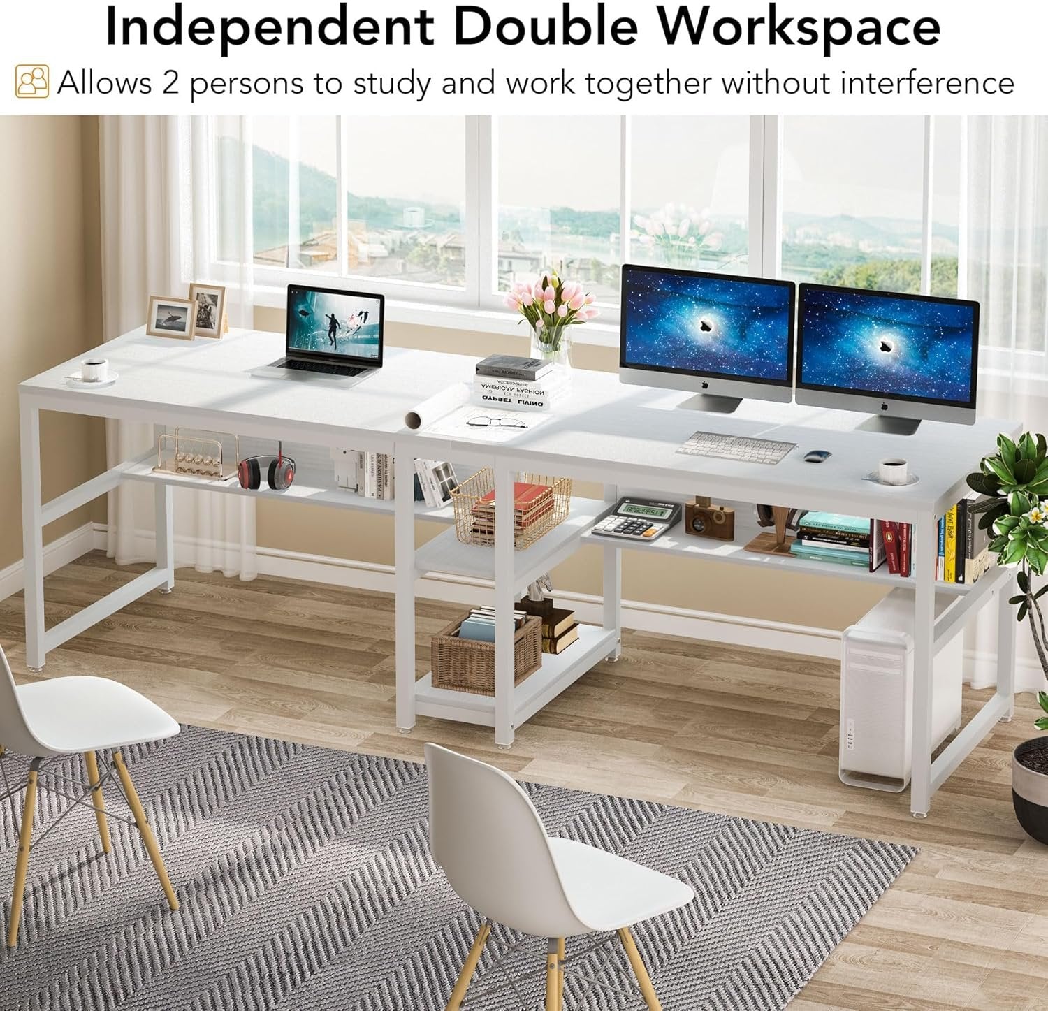 78.7" Two Person Desk, Double Computer Desk with Bookshelf