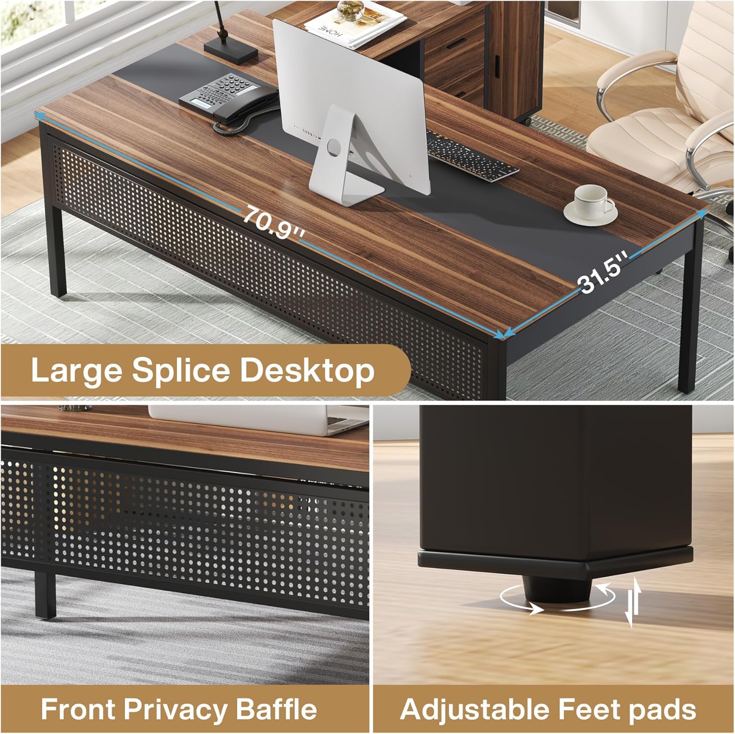 Industrial L-Shaped Desk, 71" Executive Desk with 47" Mobile File Cabinet