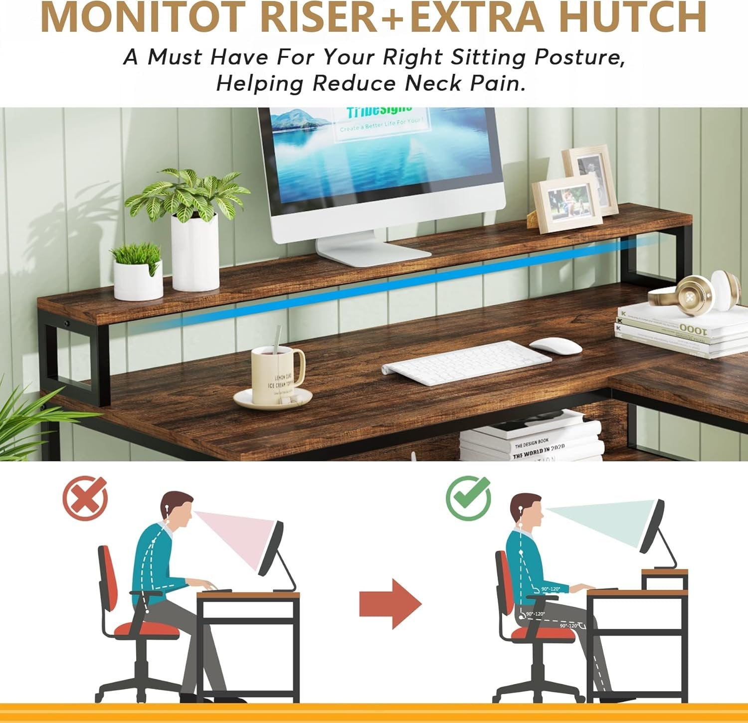 Reversible L-Shaped Desk, 59" Corner Desk with Shelves & Monitor Stand