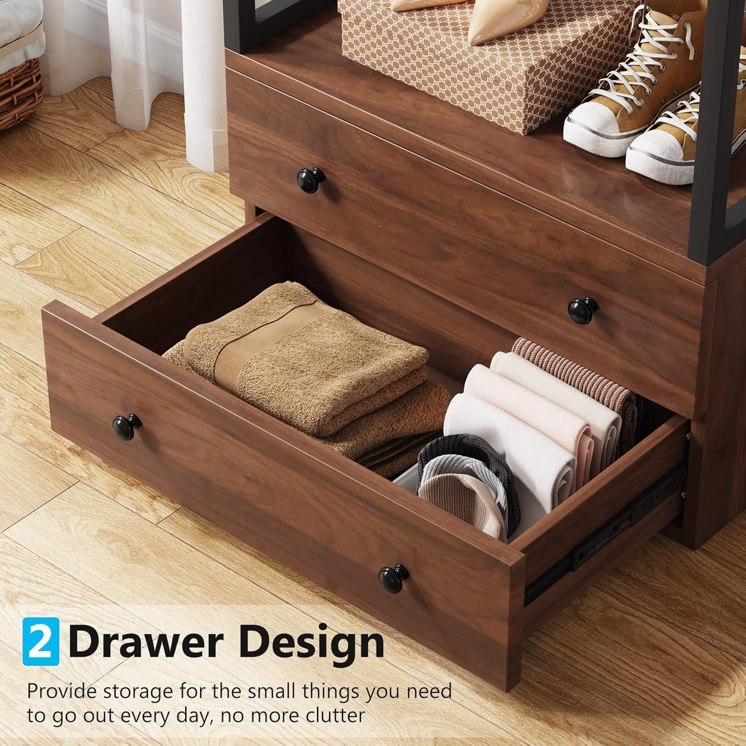 Freestanding Closet Organizer, Coat Rack with Drawers and Shelves