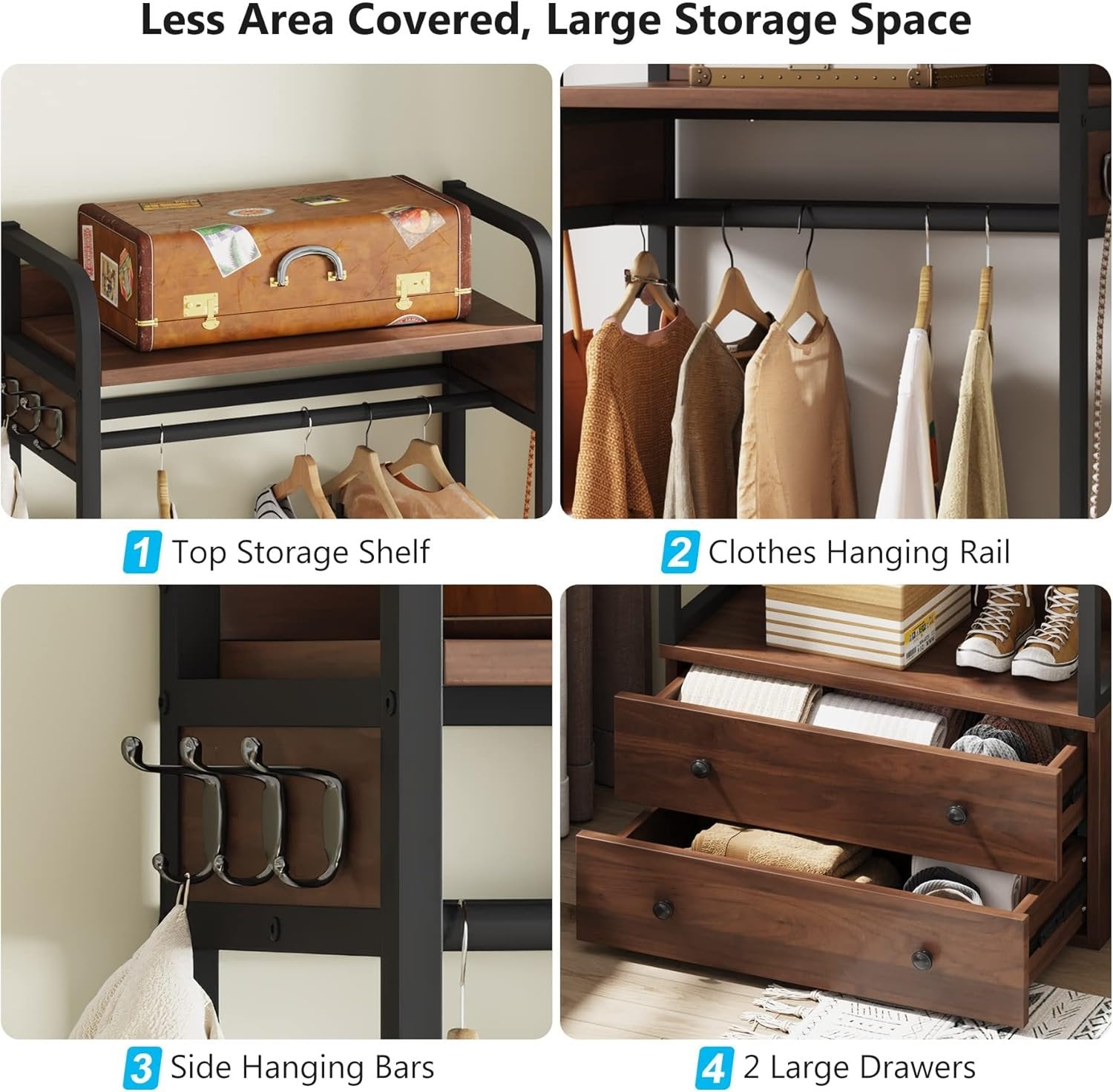 Freestanding Closet Organizer, Coat Rack with Drawers and Shelves
