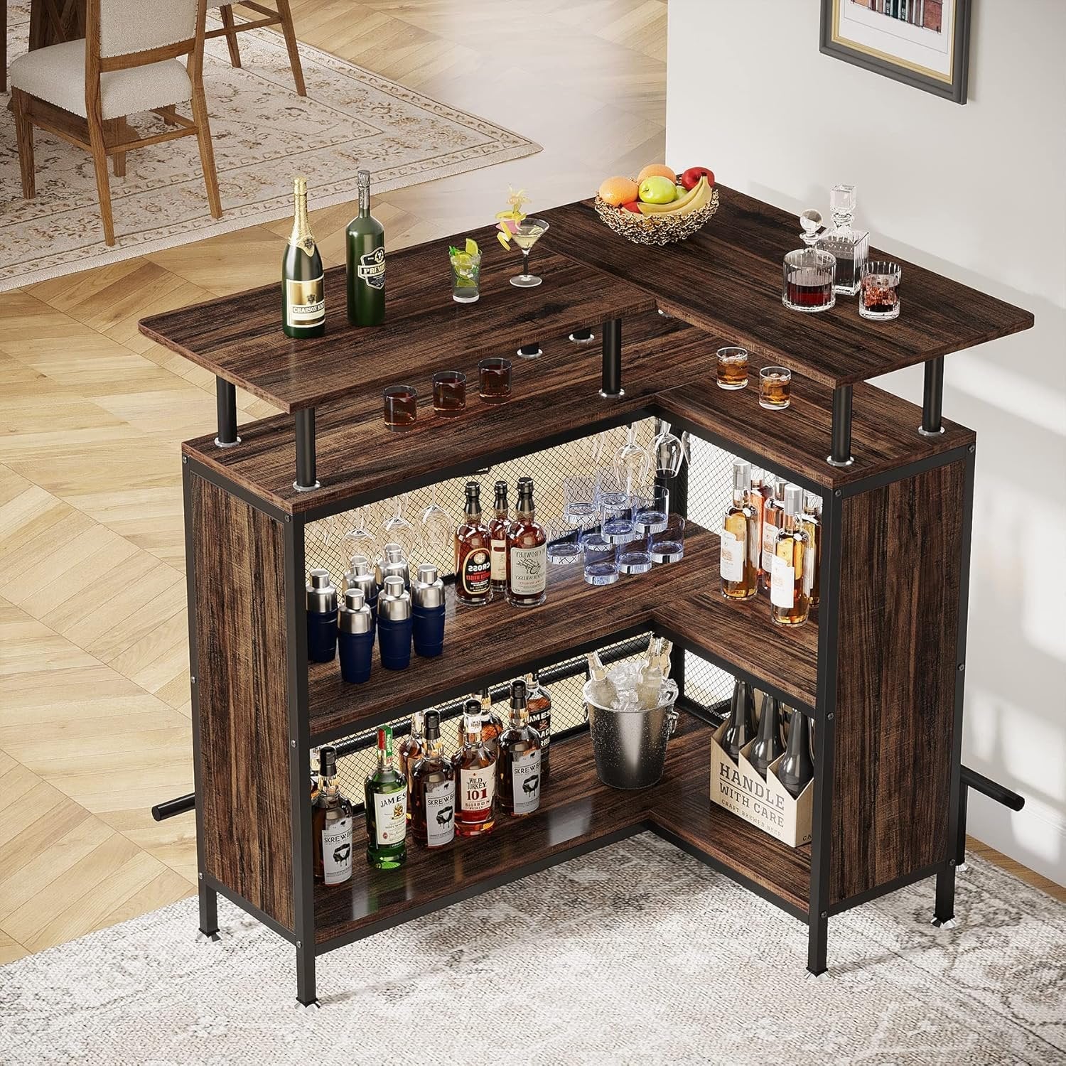 L-Shaped Home Bar Unit, Liquor Bar Table with Glasses Holders & Shelves