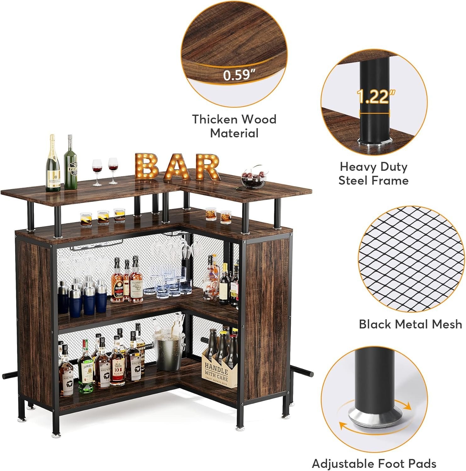 L-Shaped Home Bar Unit, Liquor Bar Table with Glasses Holders & Shelves