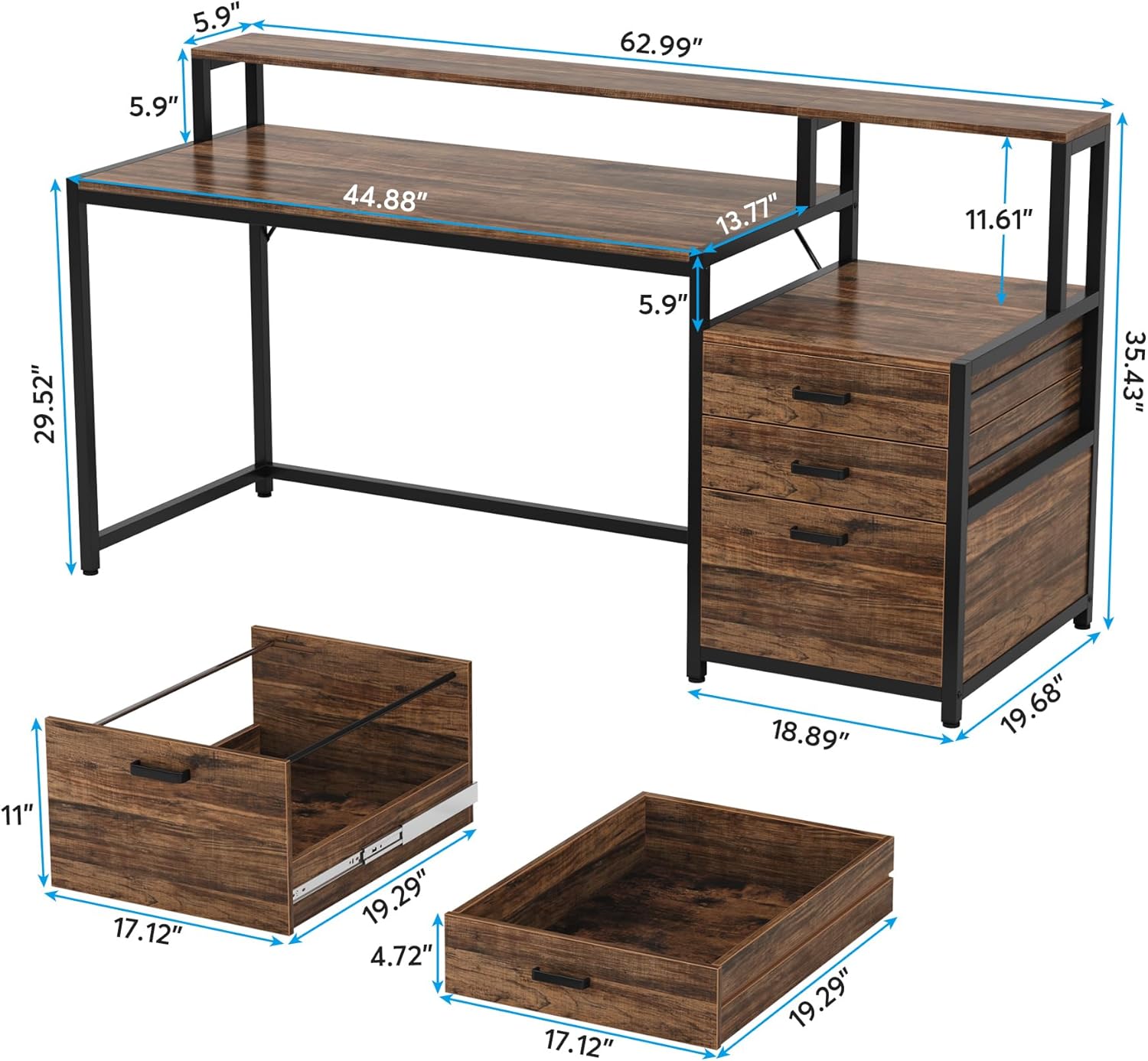 63" Computer Desk, Ergonomic Office Desk with Drawers & Monitor Stand