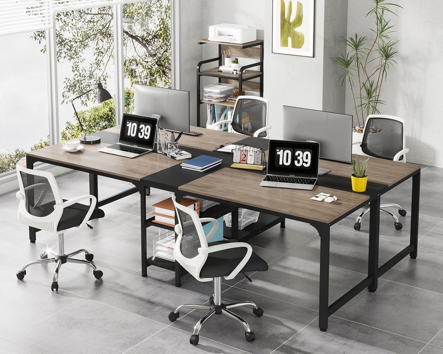 90.55" Two Person Desk, Double Computer Desk with Storage Shelves