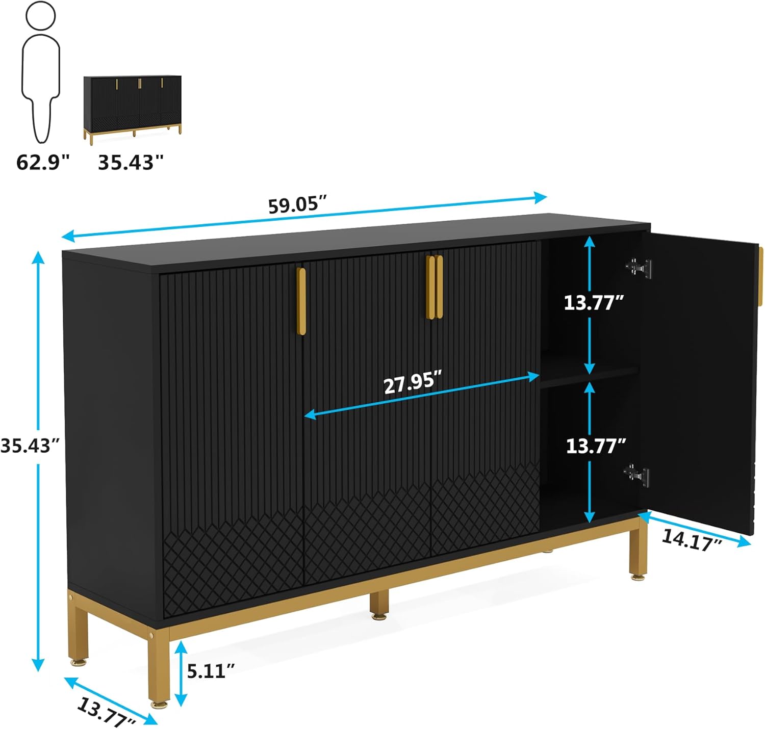 Modern Sideboard Buffet, 59" Luxury Buffet Storage Cabinet with 4 Doors