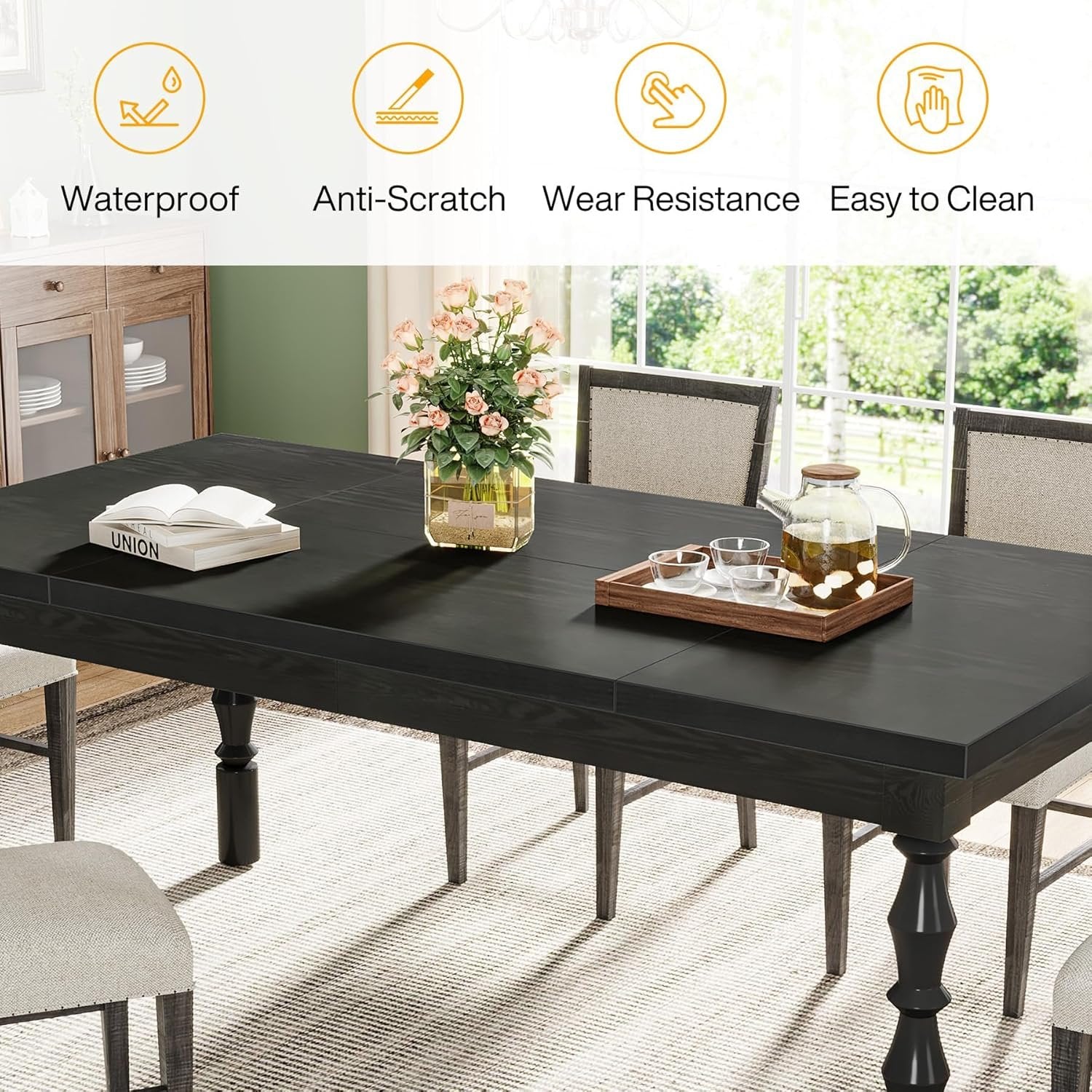 Rectangle Dining Table, 62” Kitchen Table with Carved Turned Legs for 4-6 People