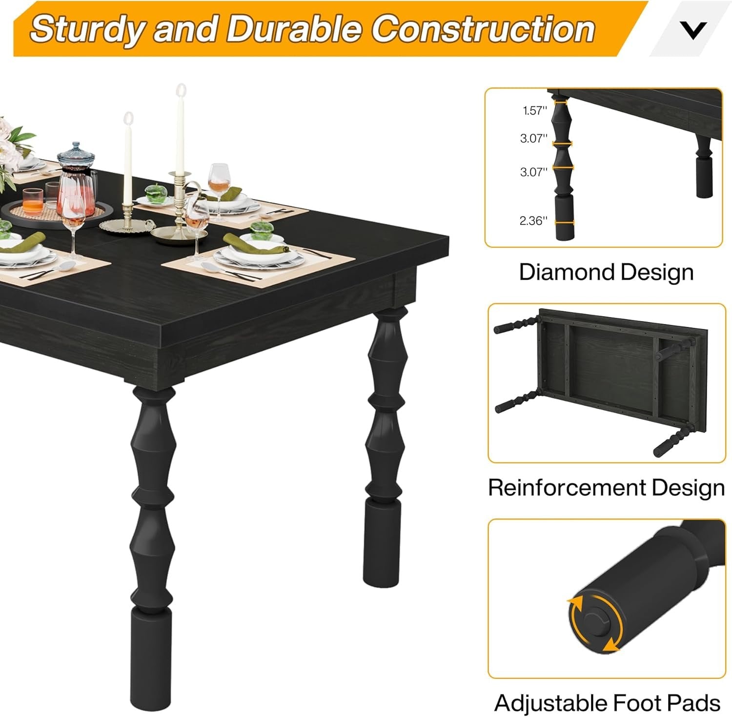 Rectangle Dining Table, 62” Kitchen Table with Carved Turned Legs for 4-6 People