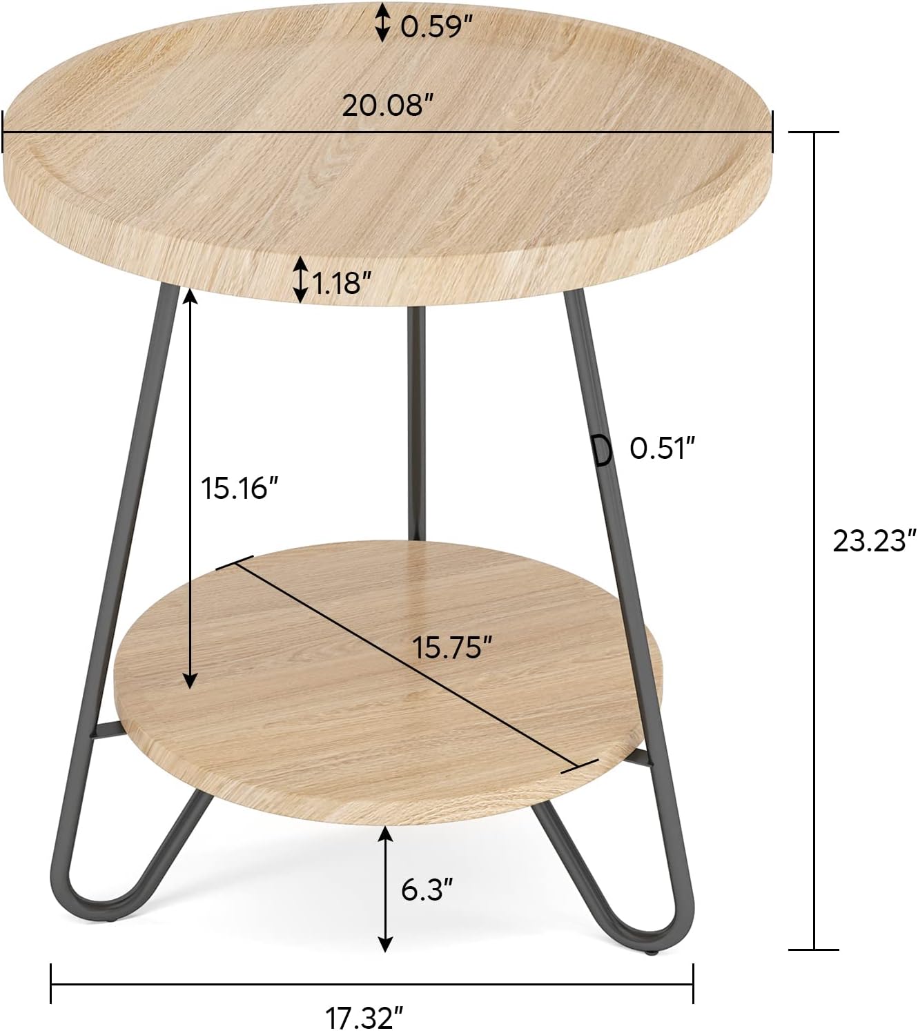 Round End Table, 2-Tier Side Table Accent Table with Metal Legs