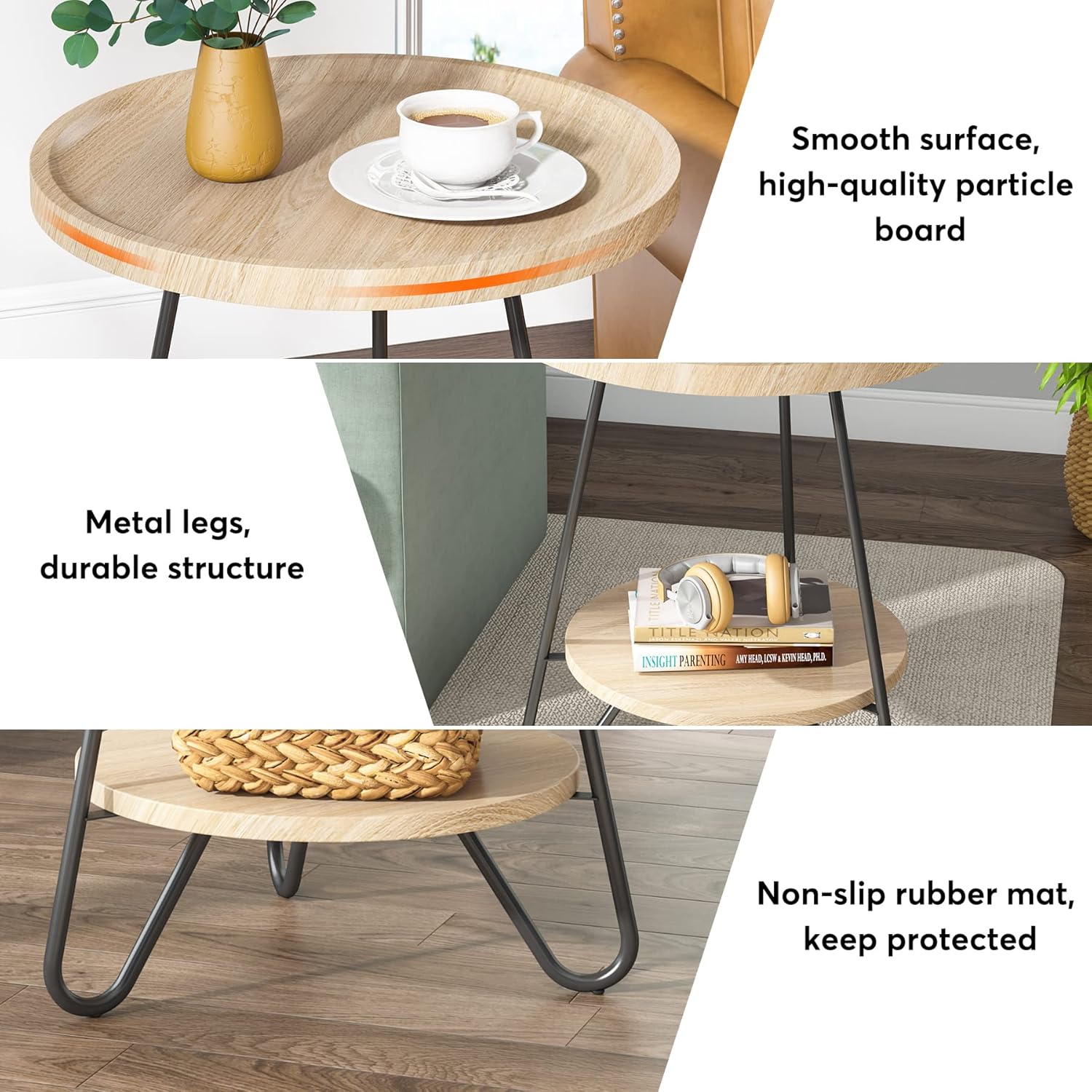 Round End Table, 2-Tier Side Table Accent Table with Metal Legs