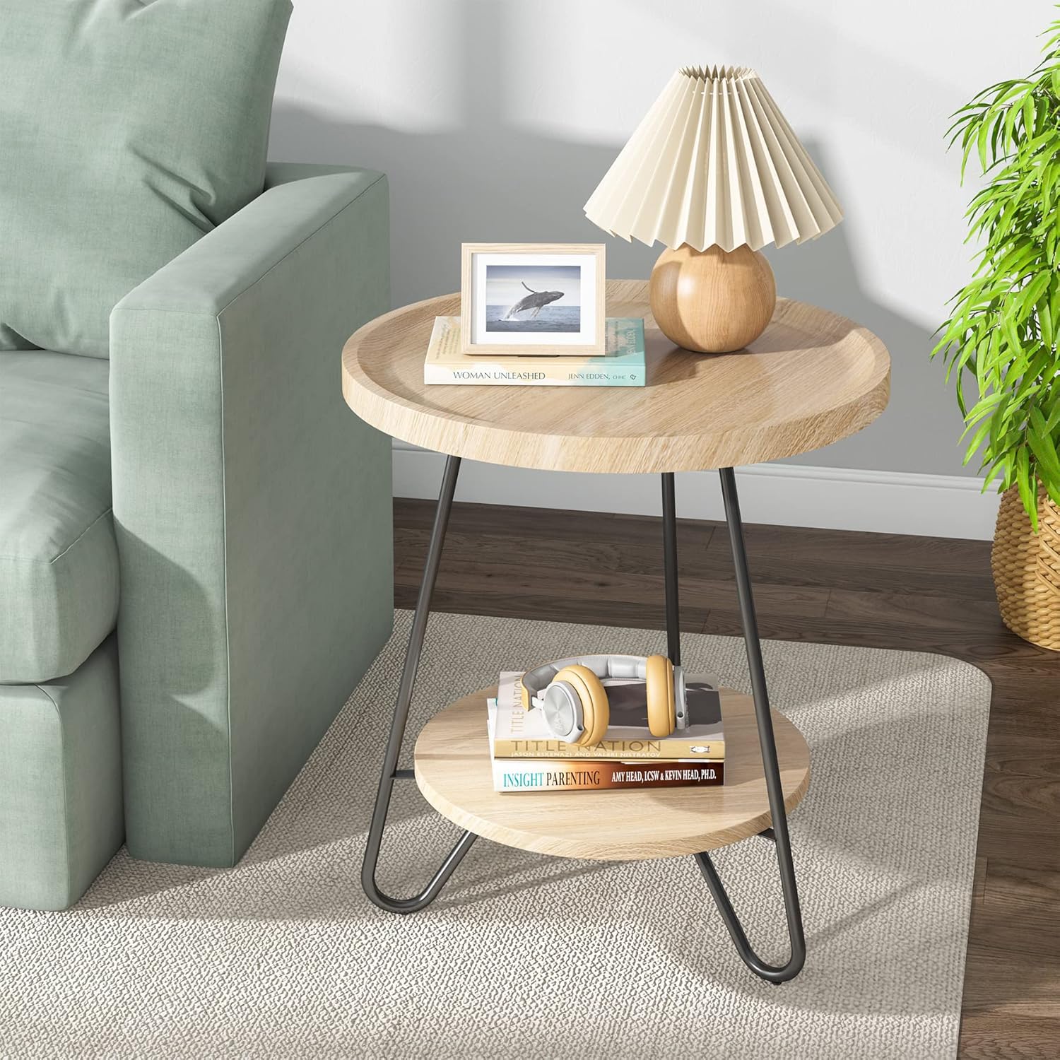 Round End Table, 2-Tier Side Table Accent Table with Metal Legs