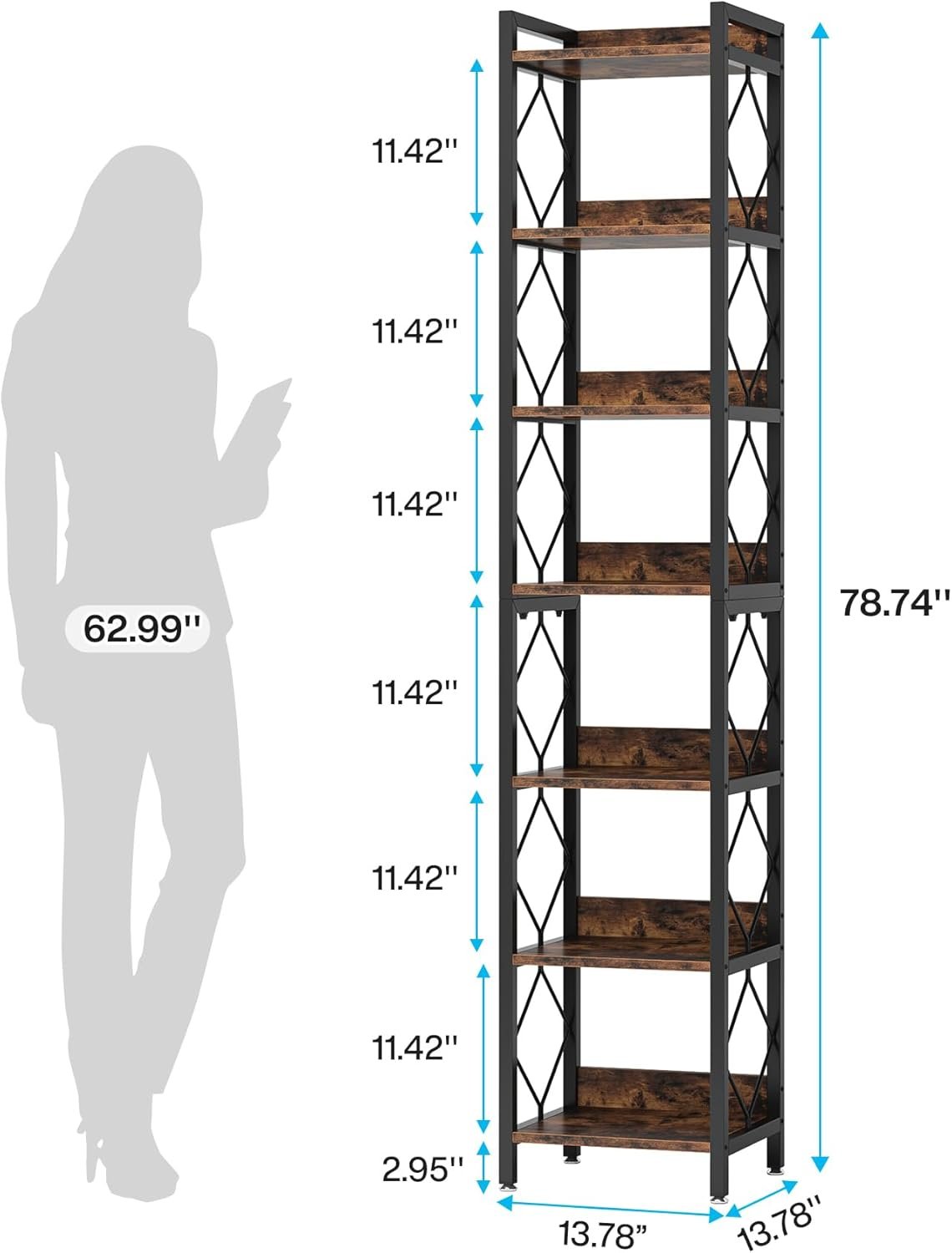 78.7" Tall Bookshelf, 7 Tier Narrow Bookcase Freestanding Display Shelves for Home Office