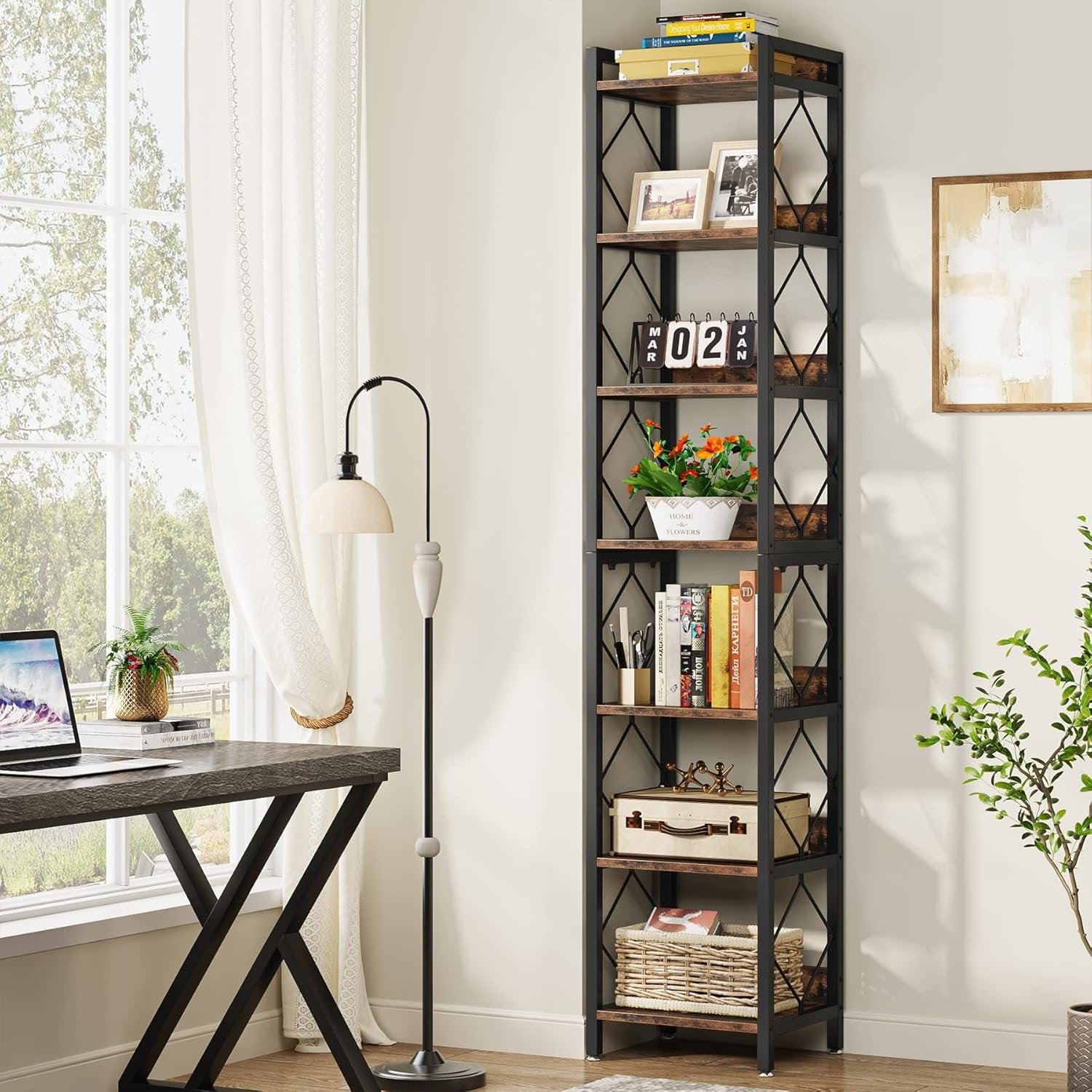 78.7" Tall Bookshelf, 7 Tier Narrow Bookcase Freestanding Display Shelves for Home Office