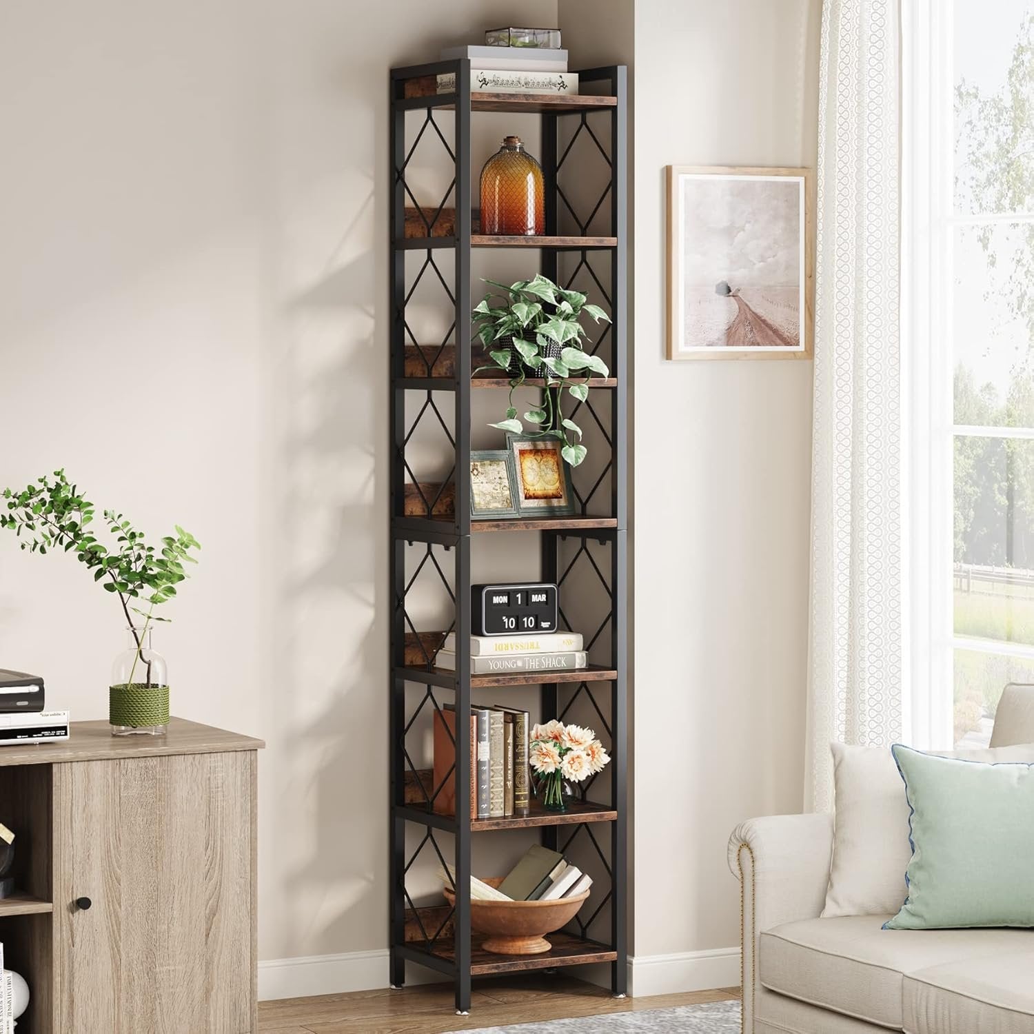 78.7" Tall Bookshelf, 7 Tier Narrow Bookcase Freestanding Display Shelves for Home Office