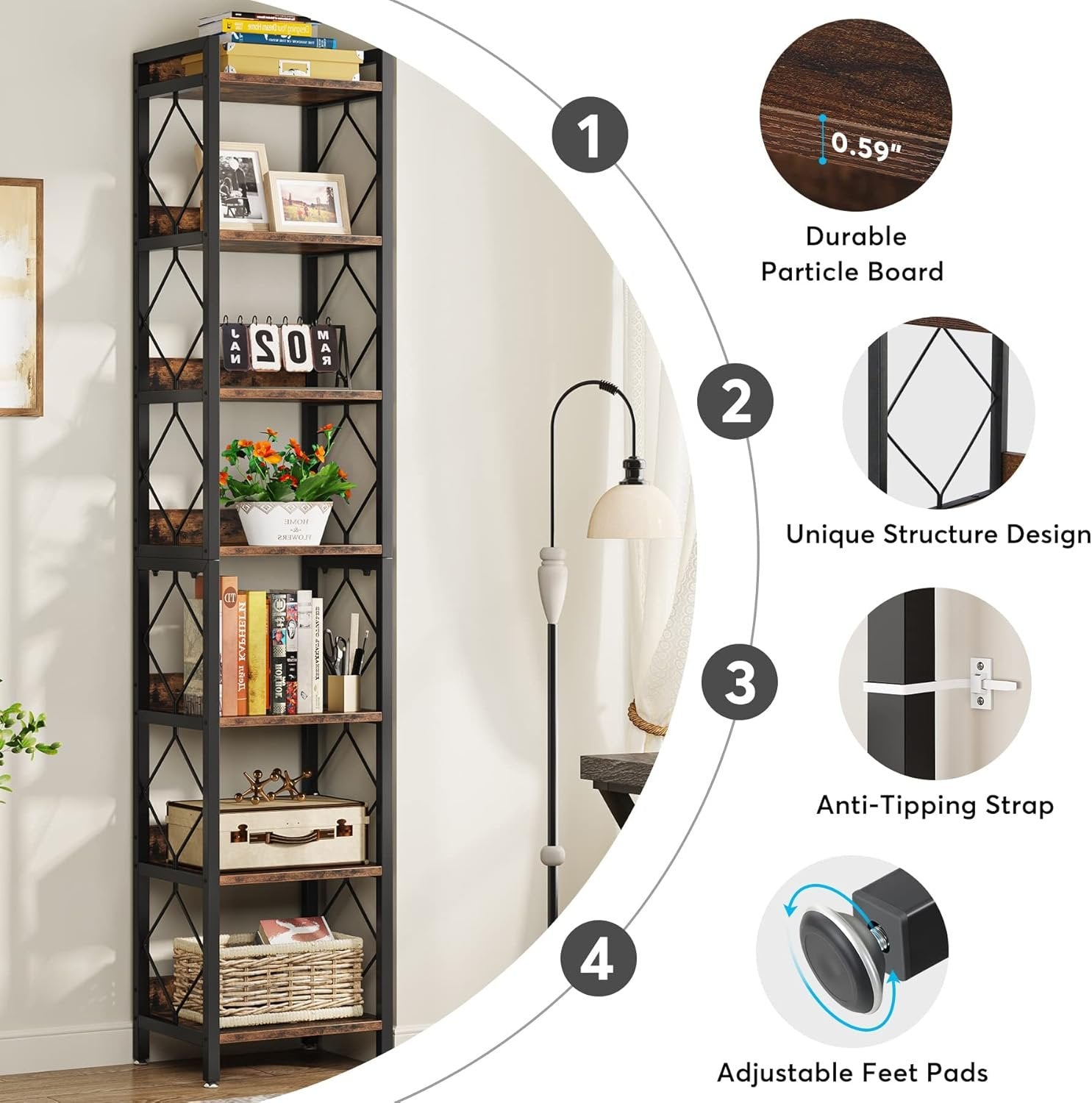 78.7" Tall Bookshelf, 7 Tier Narrow Bookcase Freestanding Display Shelves for Home Office