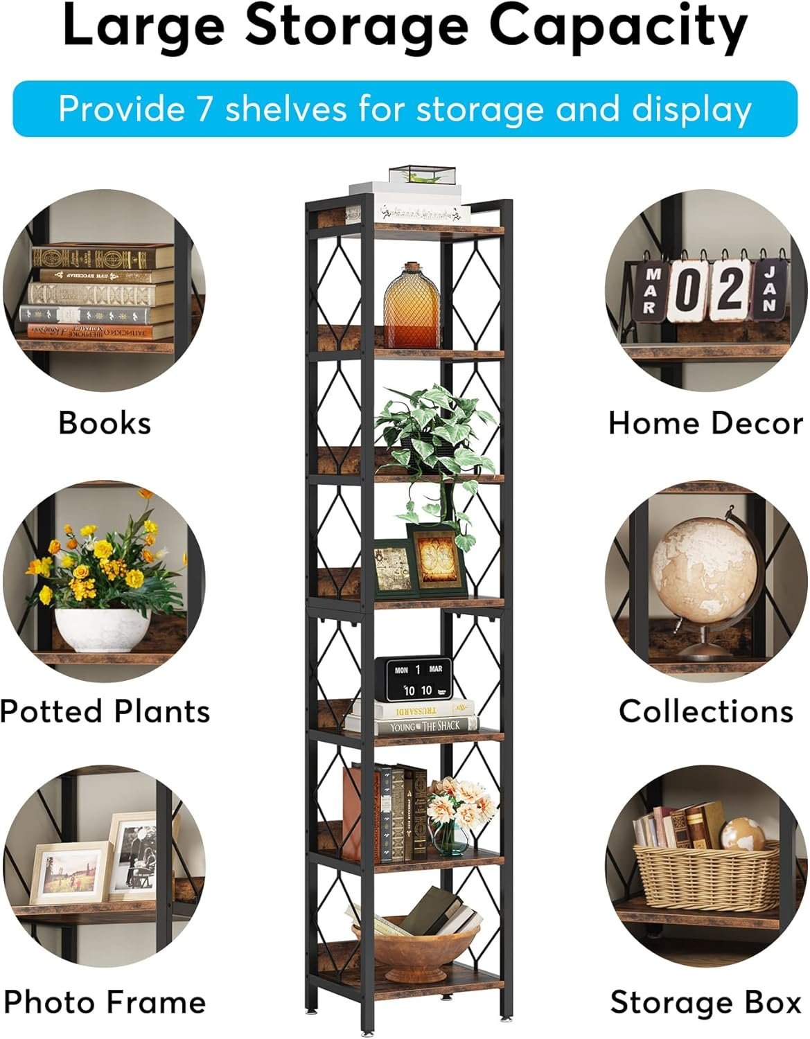 78.7" Tall Bookshelf, 7 Tier Narrow Bookcase Freestanding Display Shelves for Home Office