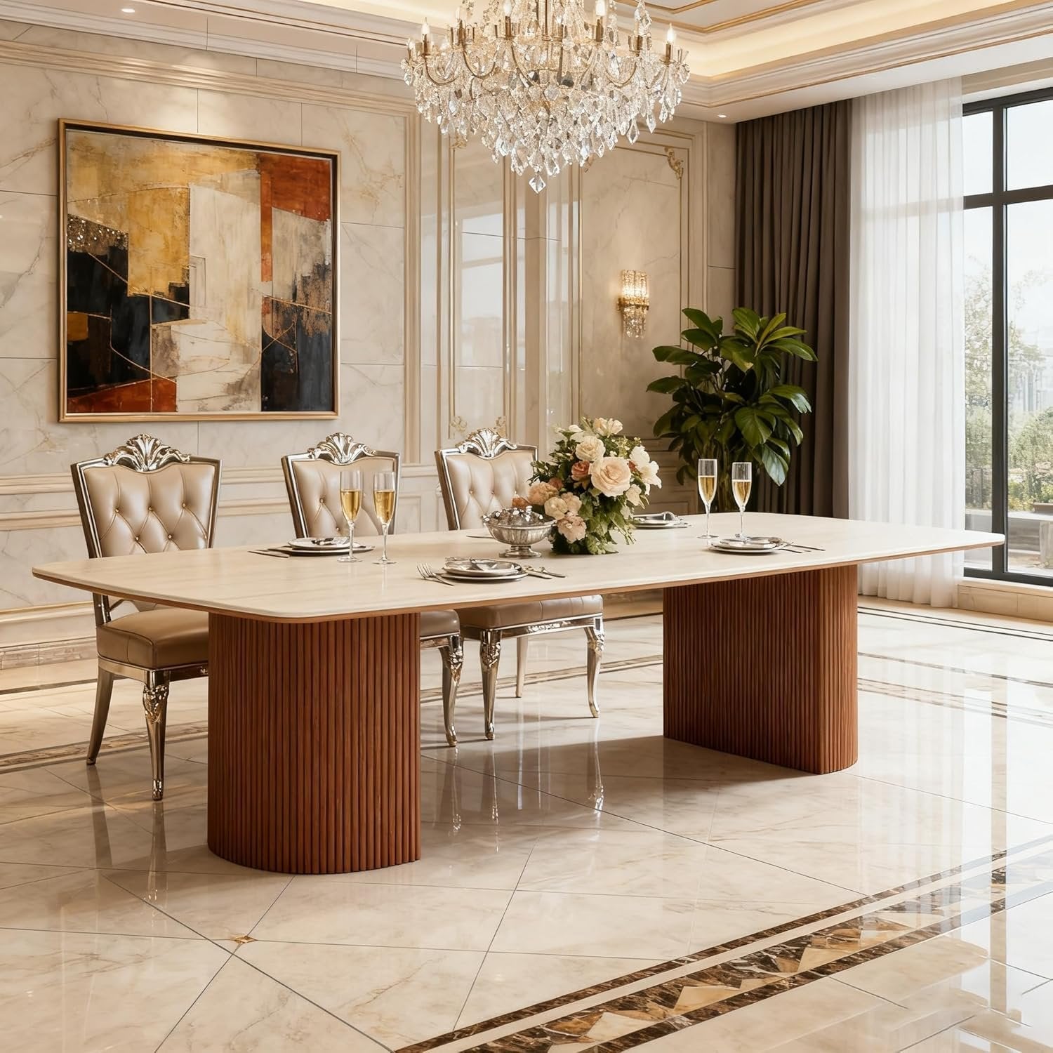 78.7" Travertine Slab Dining Table, Kitchen Table With Semi-Circular Stripe Base