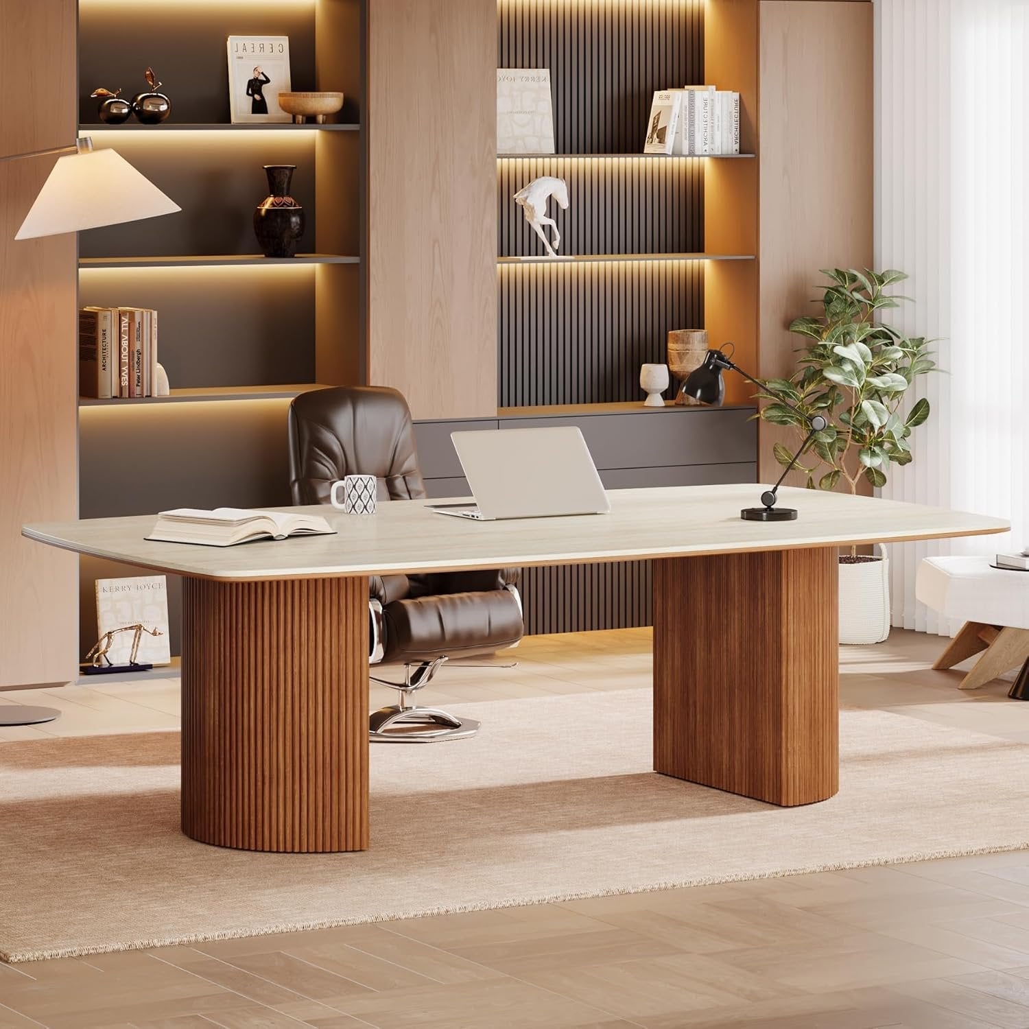 78.7" Executive Desk, Travertine Slab Computer Desk With Semi-Circular Base