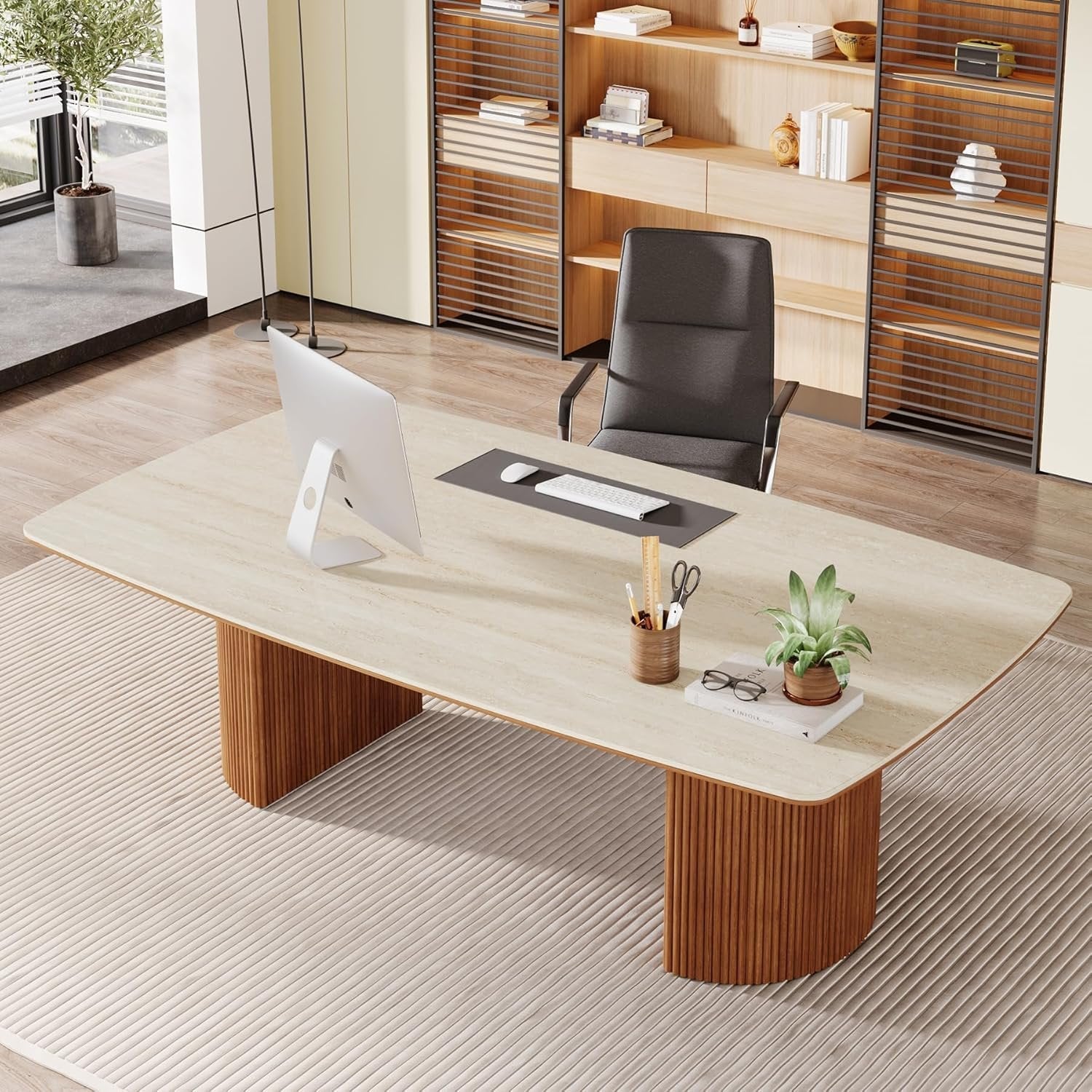 78.7" Executive Desk, Travertine Slab Computer Desk With Semi-Circular Base