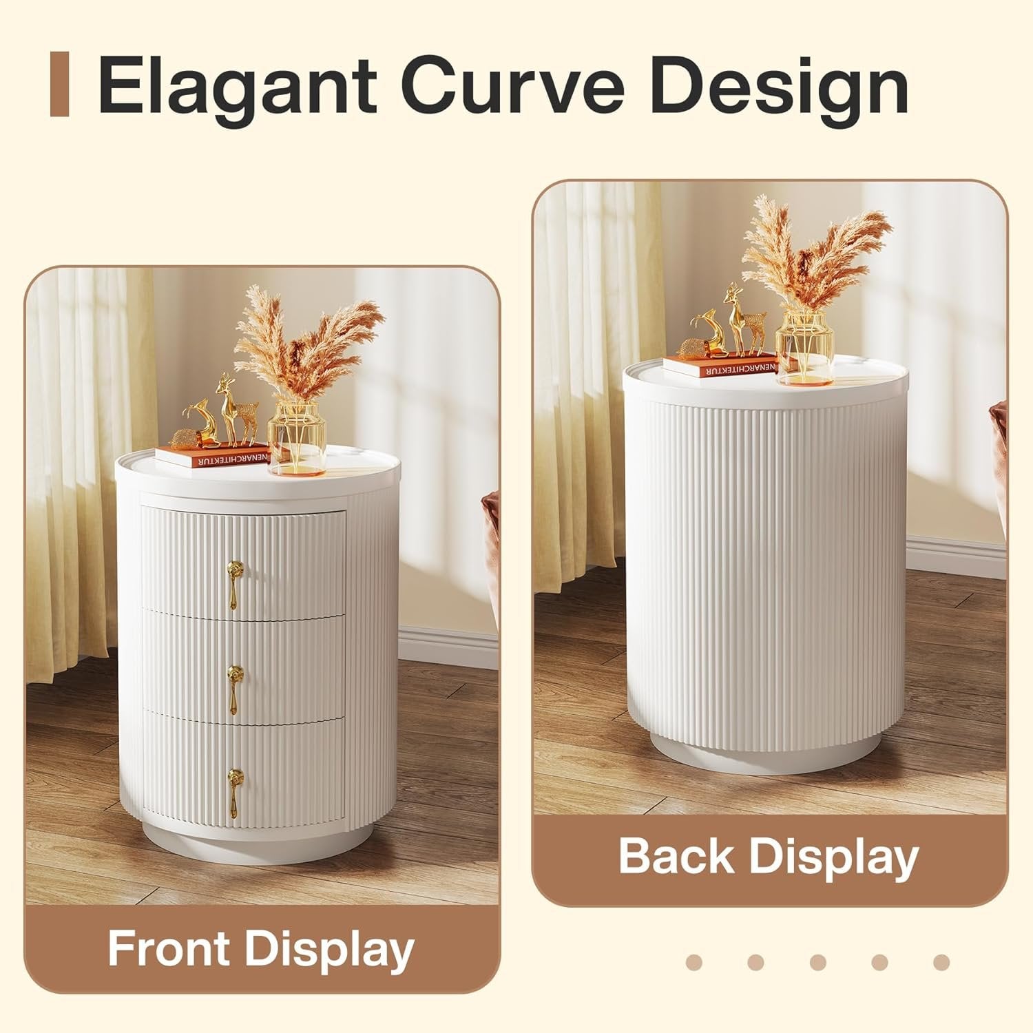 3-Drawer Nightstand, Round Side End Table with Storage (No Assembly Required)