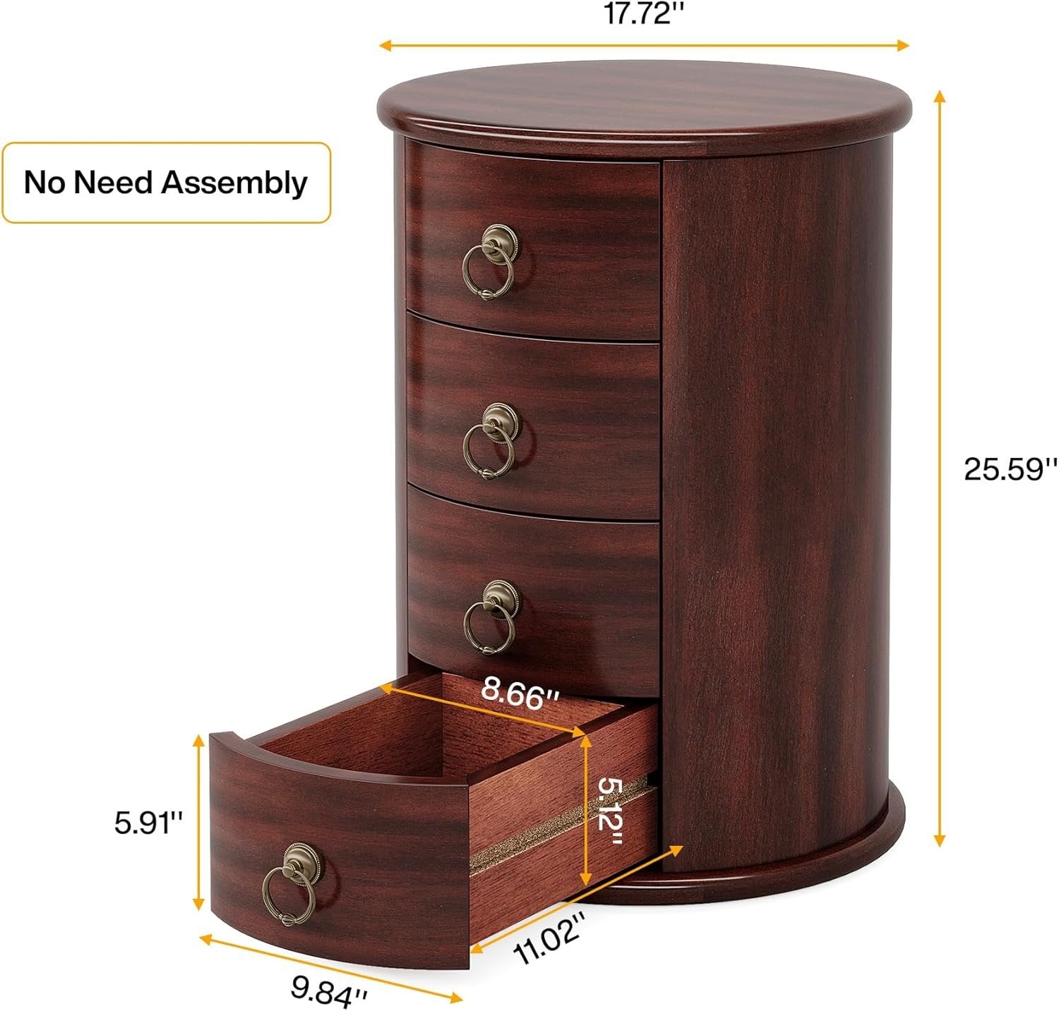 Wood Nightstand, Round Bedside Table  with 4 Drawers(No Assembly Required)
