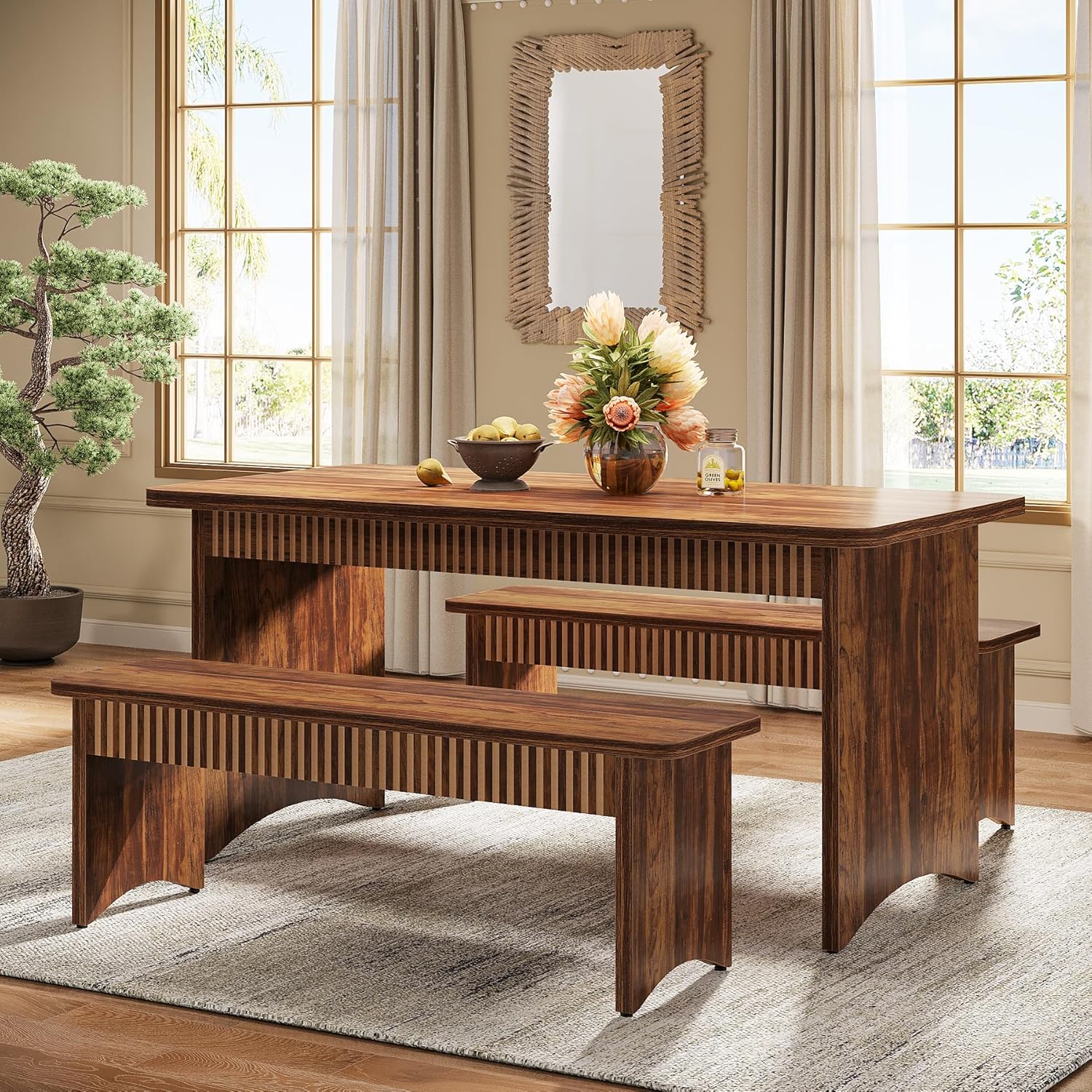 55" Kitchen Table with 2 Benches, 3-Piece Dining Table Set for 4-6 People