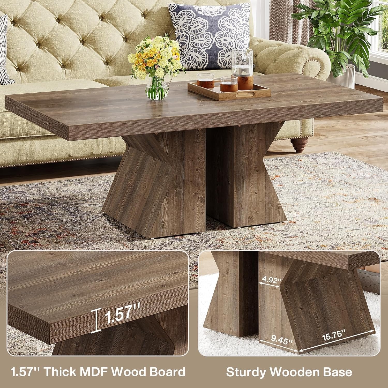 47" Wood Coffee Table, Rectangular Center Table Snack Table