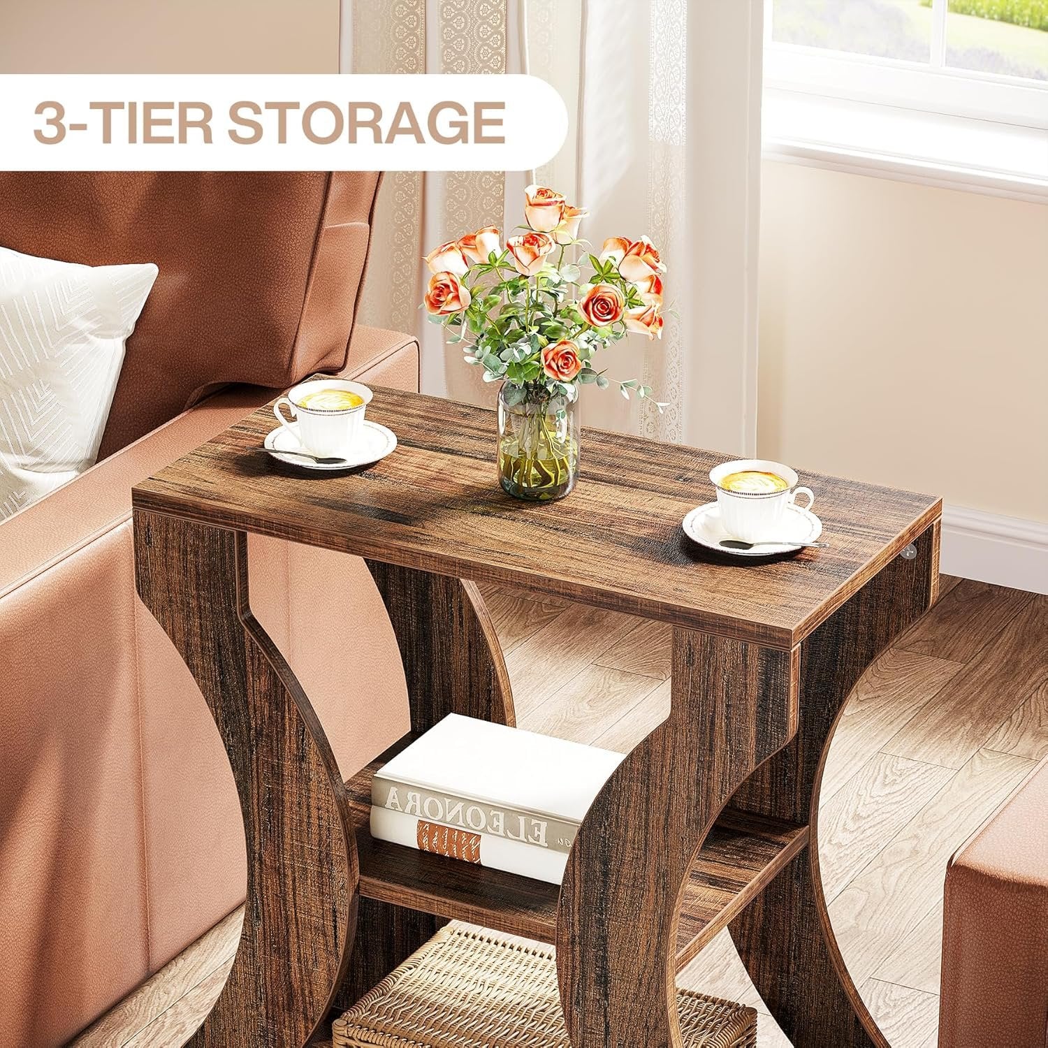 24" End Table, 3-Tier Farmhouse Side Table with Storage Shelves