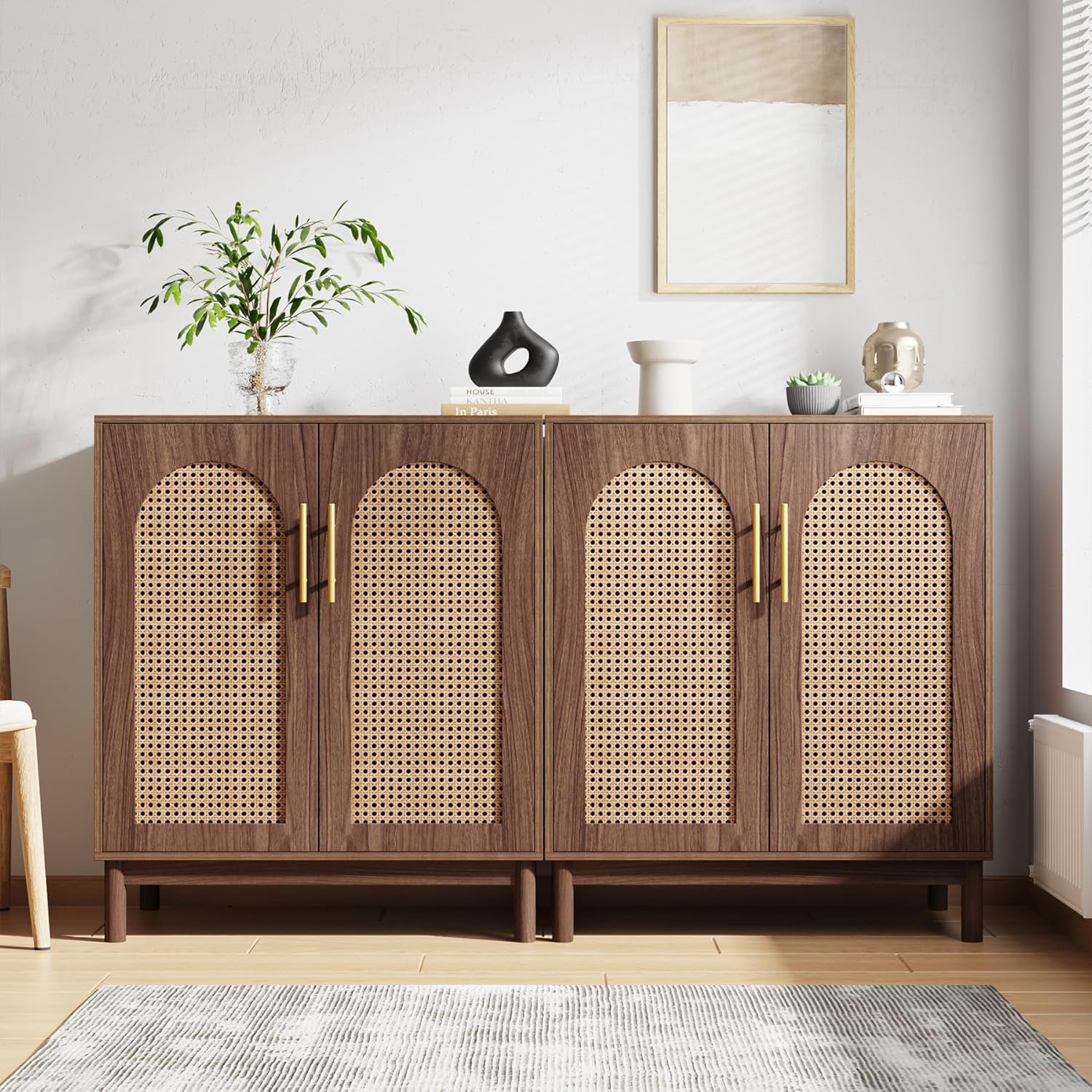 Sideboard Buffet Set of 2, Accent Rattan Storage Cabinet with Doors