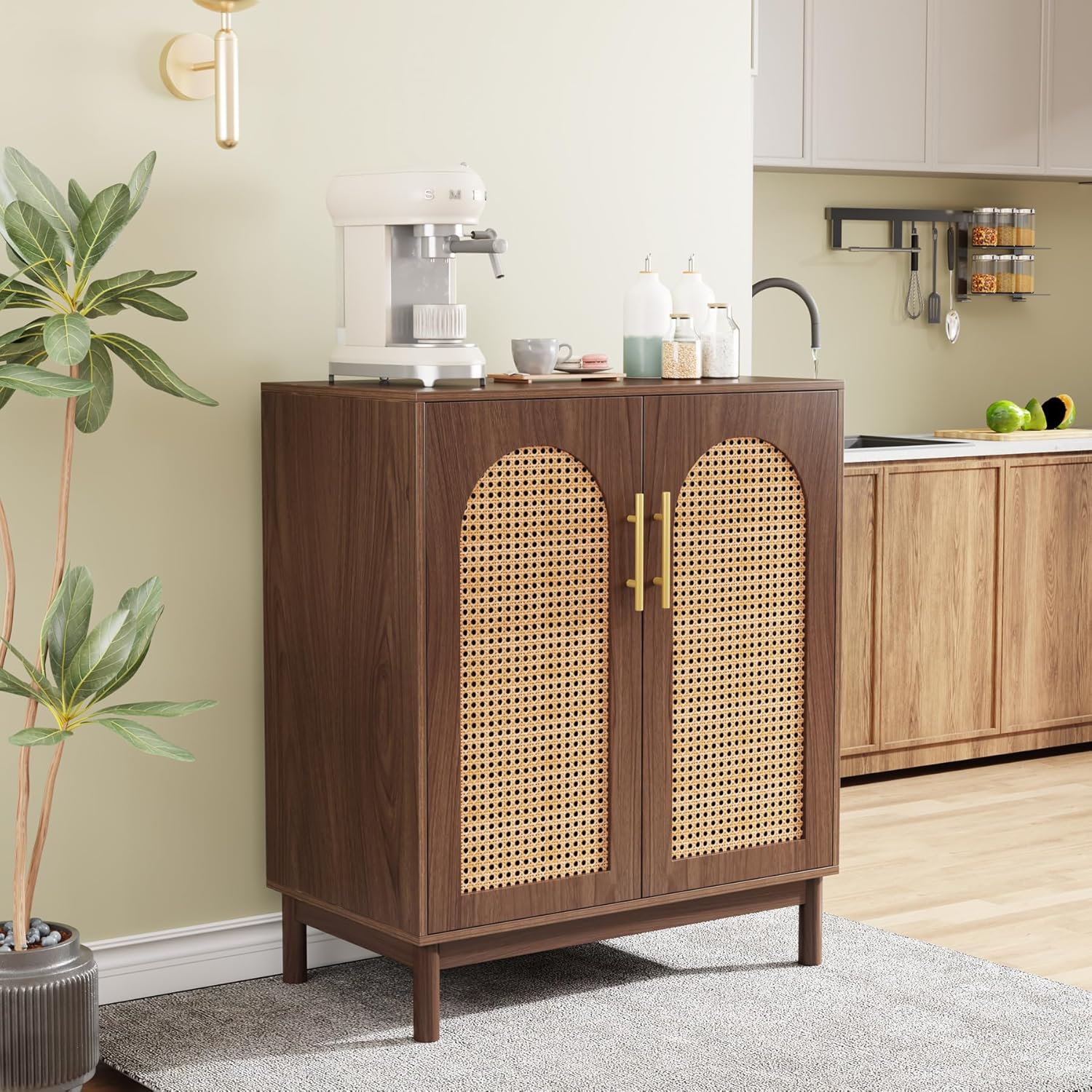 Sideboard Buffet Set of 2 Accent Rattan Storage Cabinet - Thumbnail 2