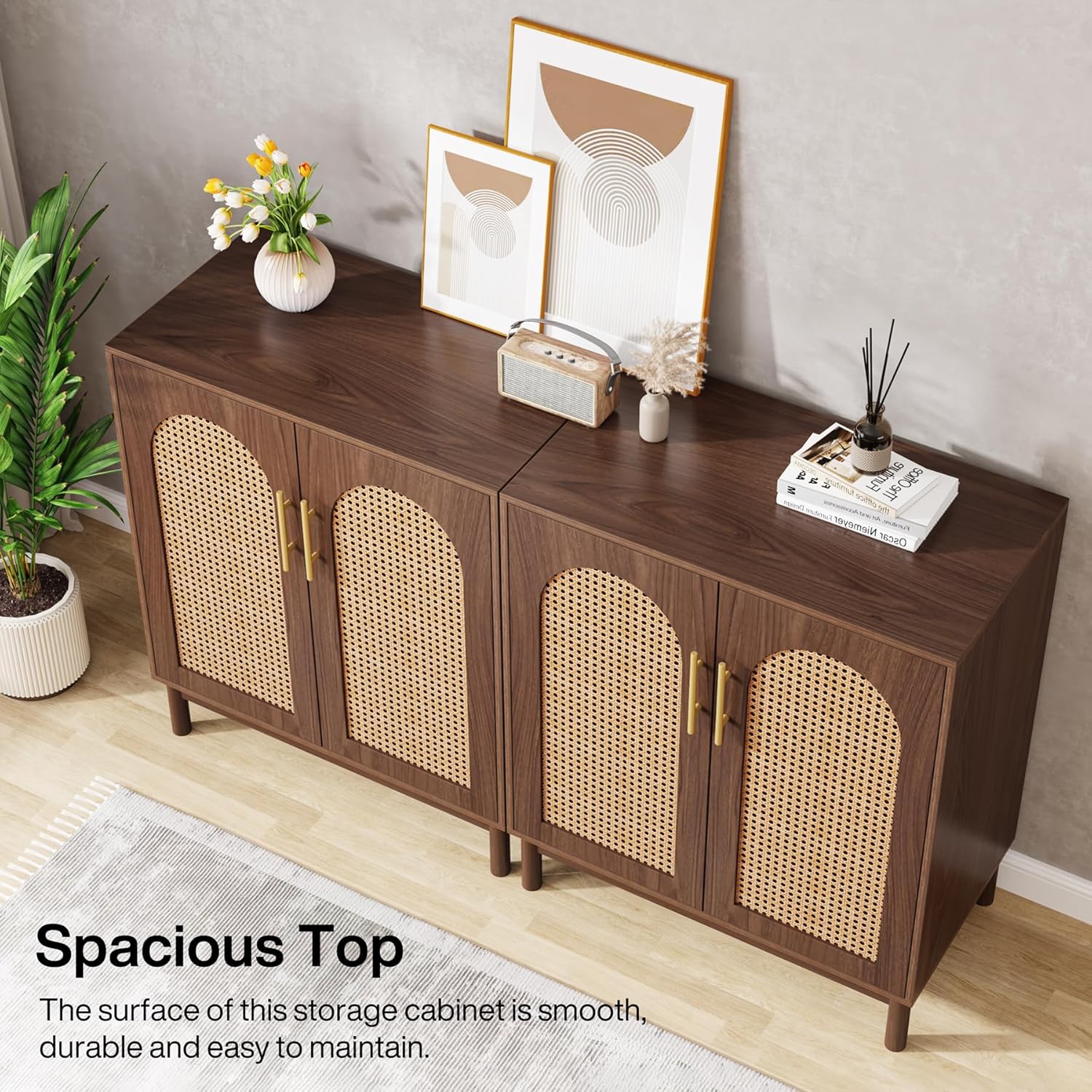 Sideboard Buffet Set of 2, Accent Rattan Storage Cabinet with Doors