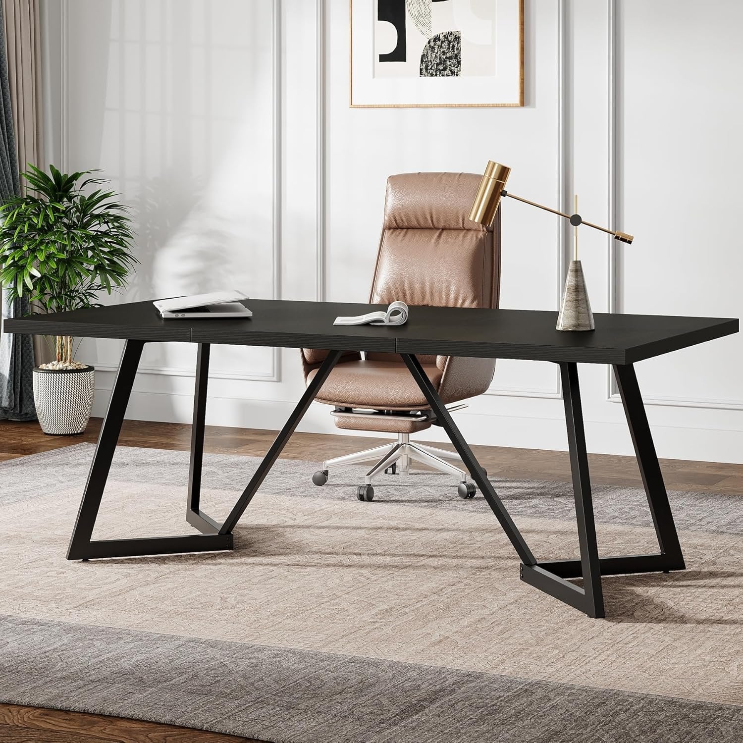 70.87" Executive Desk, Modern Computer Office Desk with Metal Frame