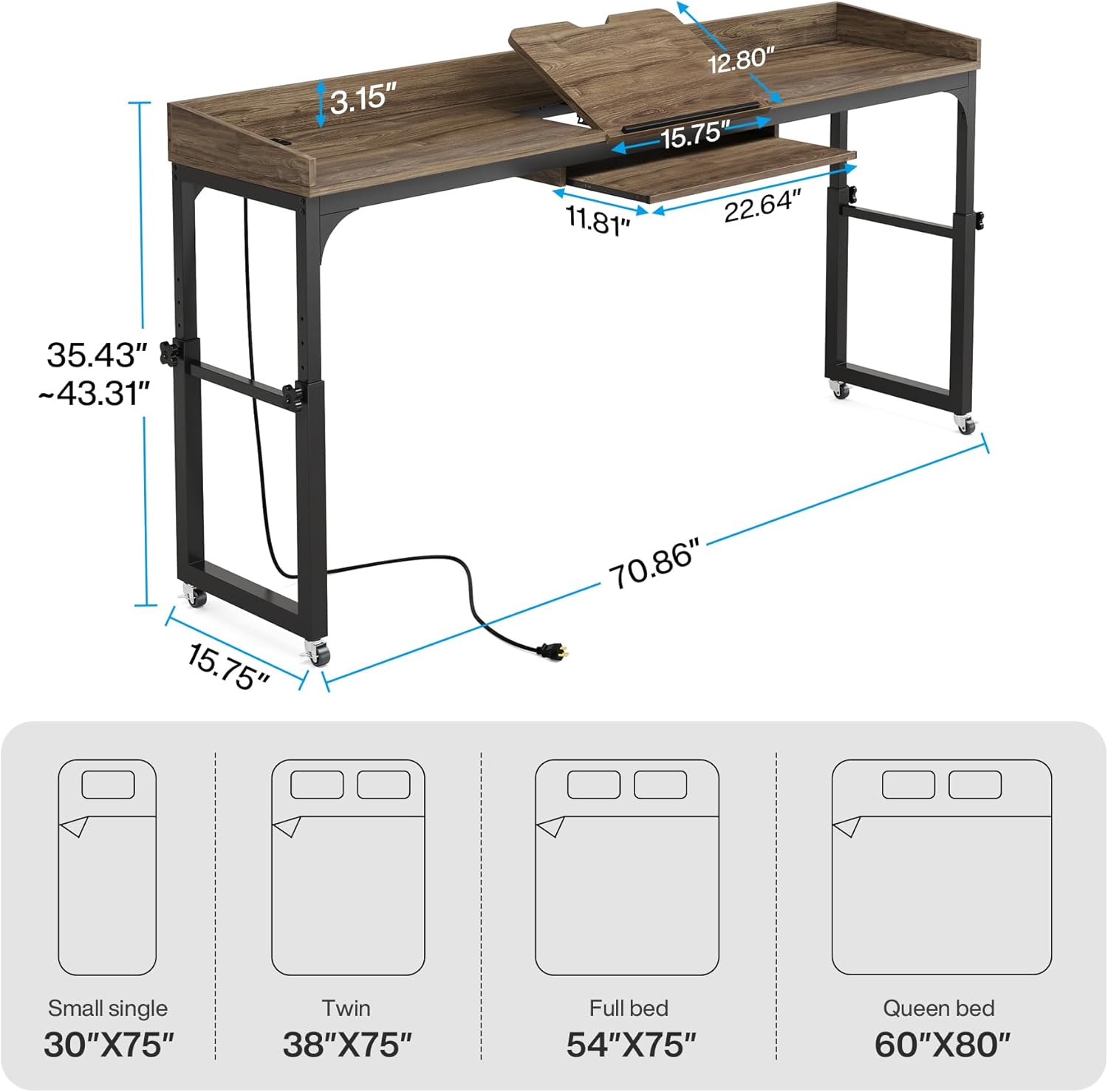 Height Adjustable Overbed Table with Wheels & Charging Station