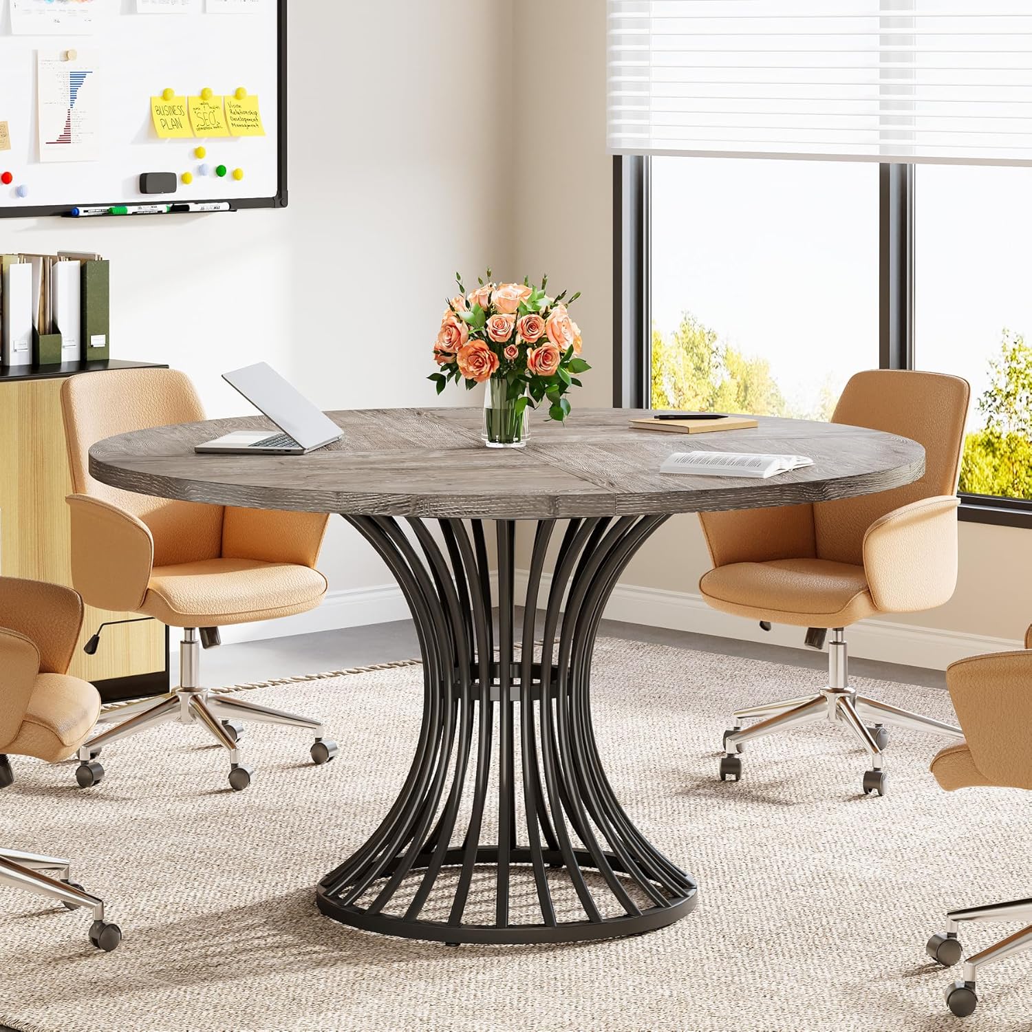 Round Conference Table for 4-6, 47" Meeting Table with Metal Base