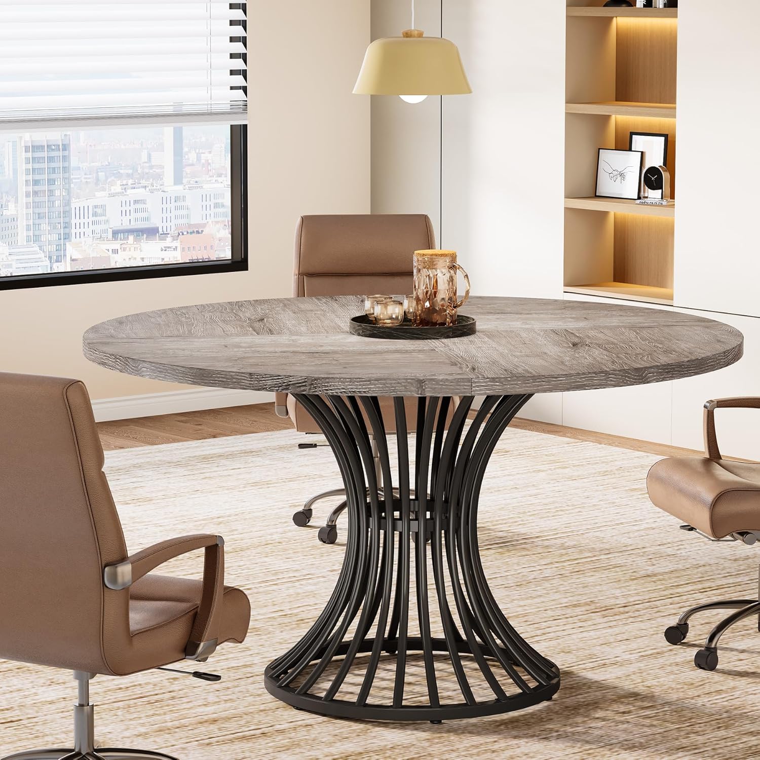 Round Conference Table for 4-6, 47" Meeting Table with Metal Base