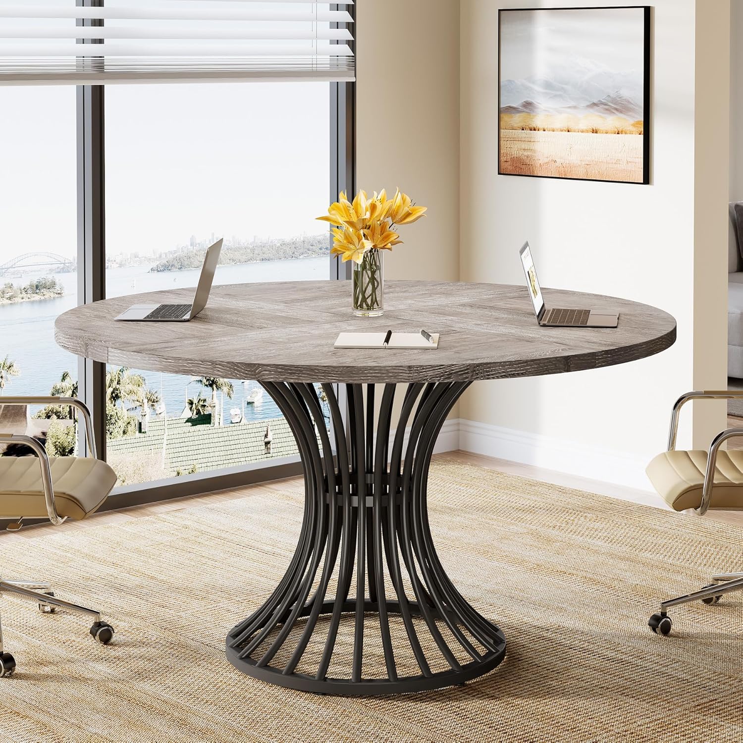Round Conference Table for 4-6, 47" Meeting Table with Metal Base