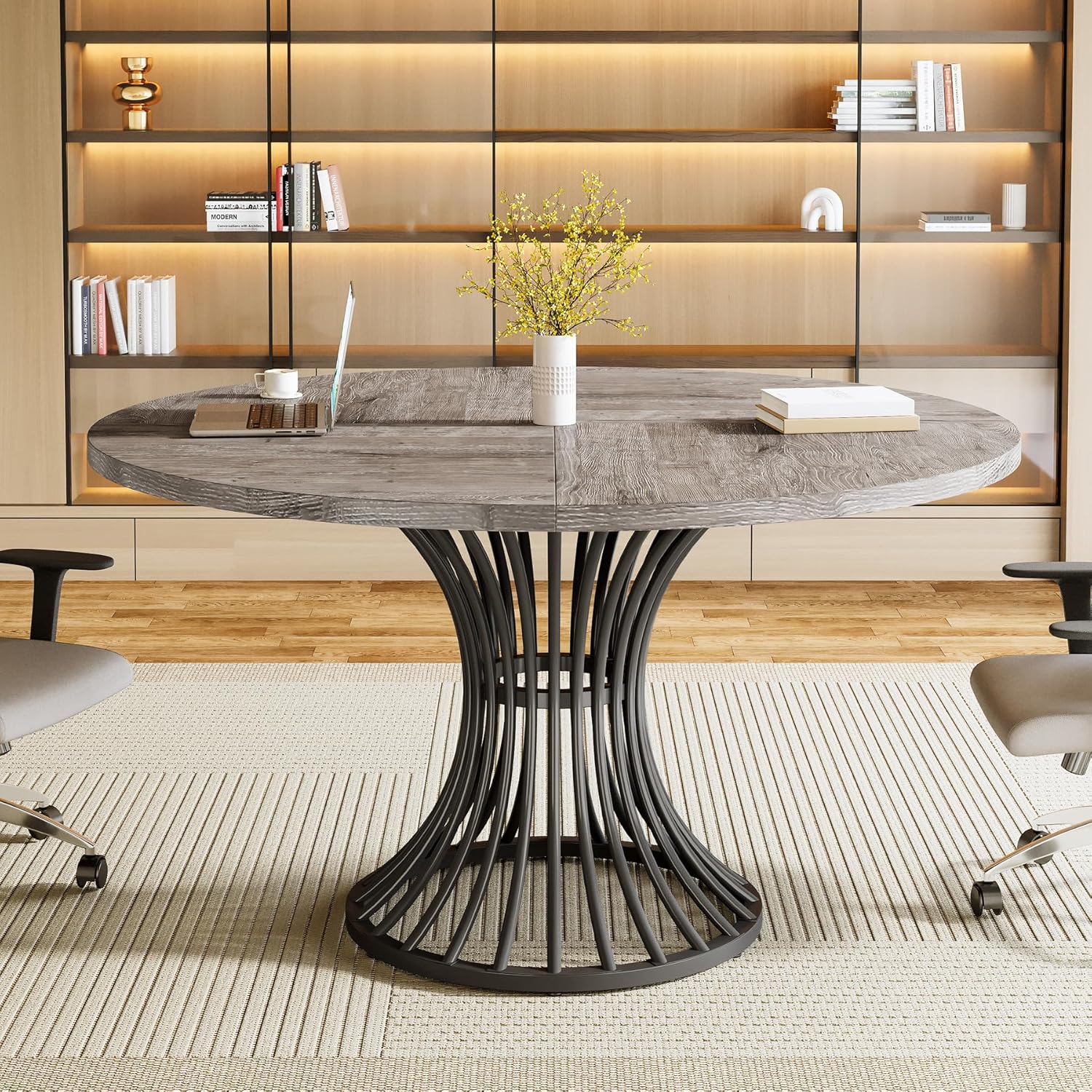 Round Conference Table for 4-6, 47" Meeting Table with Metal Base